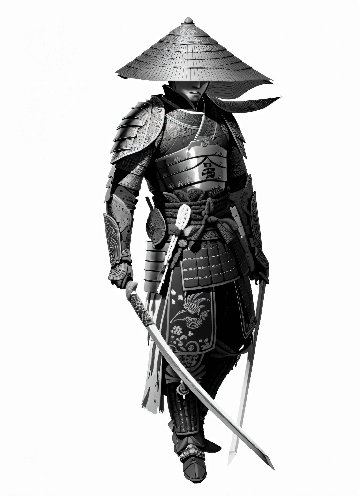 Create a detailed black and white illustration of a samurai in armor. sumi-e style. sketch art. The design should be intricate, featuring the samurai in a dynamic and heroic pose, inspired by classic Japanese ink wash paintings. The armor should include recognizable elements like a distinctive conical hat and a sashimono (back flag). Accent the illustration with strategic touches of red on the sash (belt) and helmet details to bring life and contrast to the piece, maintaining a balance between traditional and contemporary ink art styles