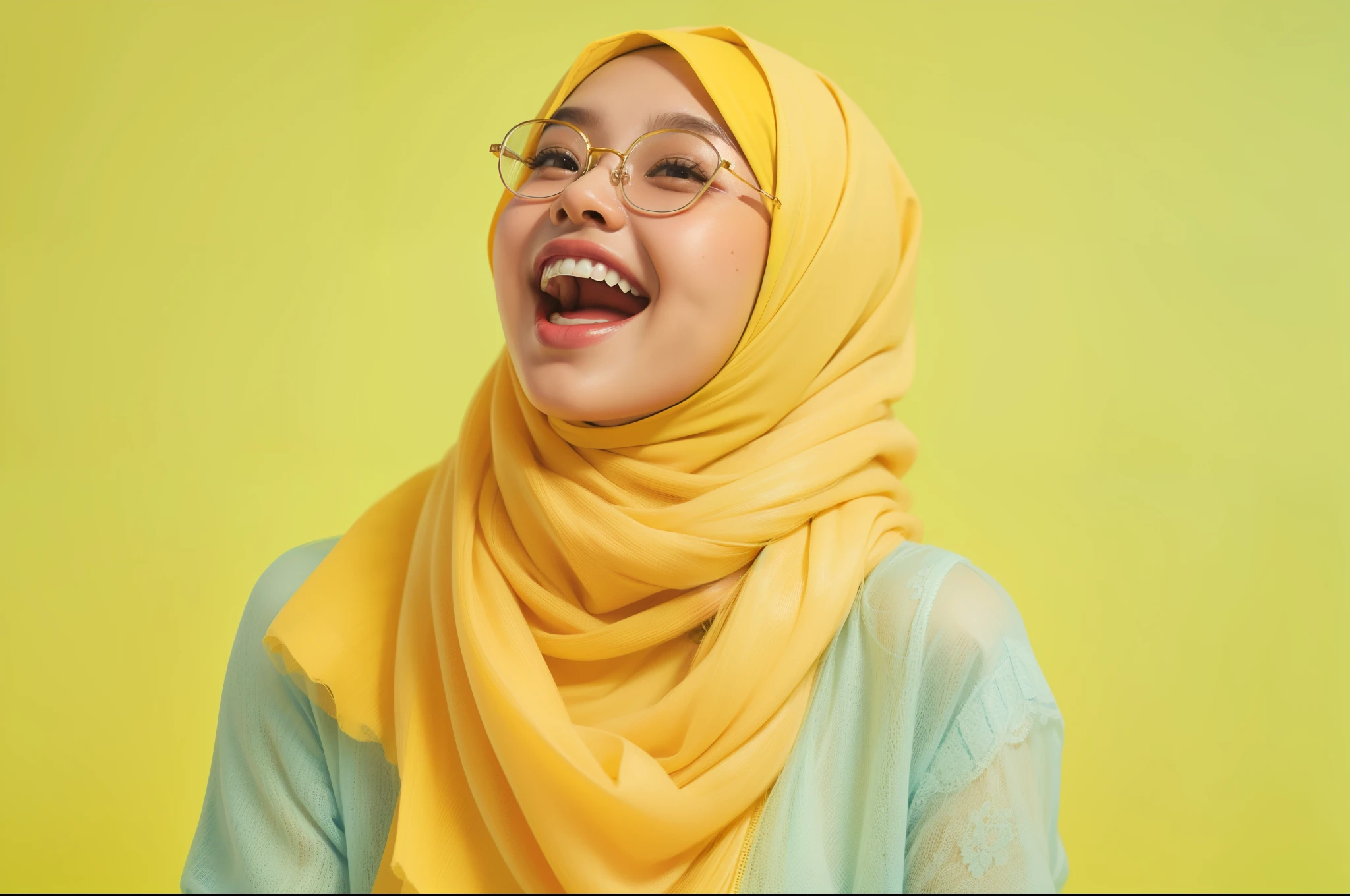 Sexy Malay woman in a light blue panties in front of a yellow background, laughing, dimple, glasses, hijab, mira filzah, full portrait, on a yellow canva, full portrait shot, photo of young malay woman, photo of a woman, potrait, in yellow background, extreme close up shot, ultra detail, pastel color grading,