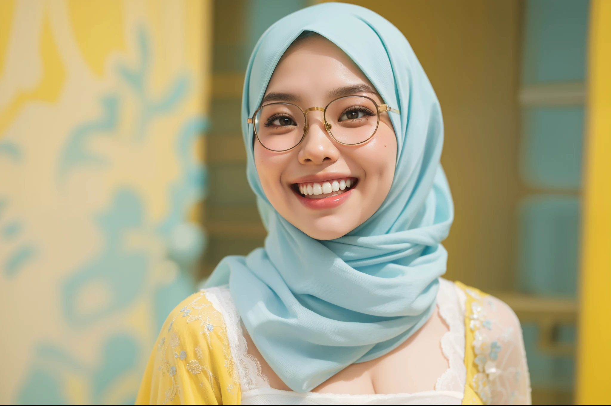 Sexy Malay woman in a light blue panties in front of a yellow background, laughing, dimple, glasses, hijab, mira filzah, full portrait, on a yellow canva, full portrait shot, photo of young malay woman, photo of a woman, potrait, in yellow background, extreme close up shot, ultra detail, pastel color grading,