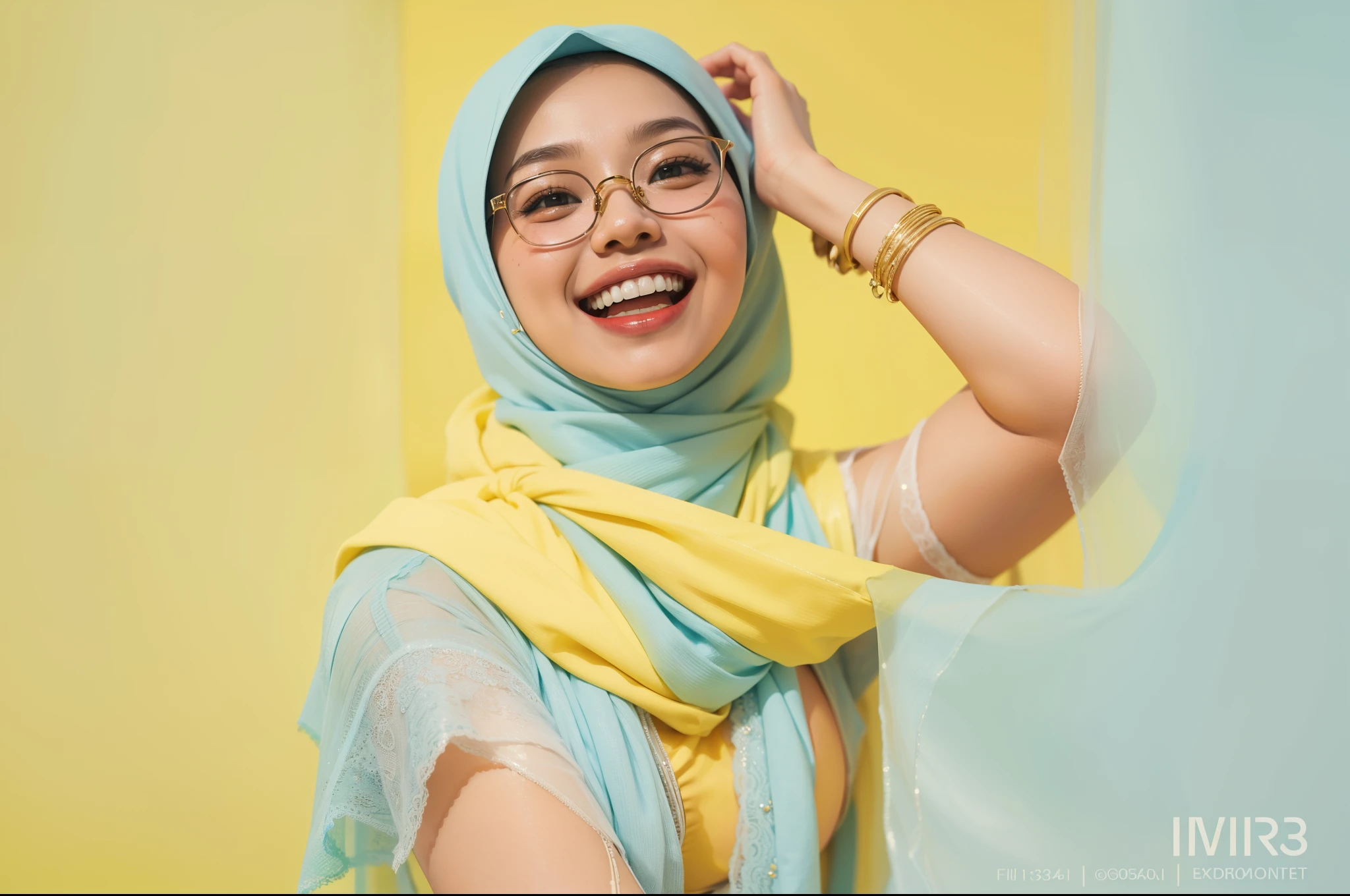 Sexy Malay woman in a light blue panties in front of a yellow background, laughing, dimple, glasses, hijab, mira filzah, full portrait, on a yellow canva, full portrait shot, photo of young malay woman, photo of a woman, potrait, in yellow background, extreme close up shot, ultra detail, pastel color grading,