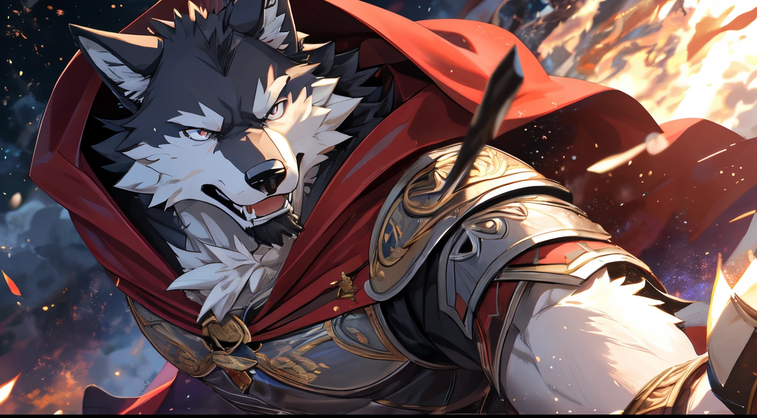Anthro((dramatic))epic, dynamic pose, One scene of movie, An extreme perspective with a powerful composition, absurdres, magnificent picture of kemono fighting fierce battles, (ultra detailed), sharp focus, niji, eyesgod, black eye, Eyes, furry, light-white fur, brown fur, white beard, anthro (wolf), male, middle-aged, gray body, white belly, muscular, knight costume, long red cherry cloak, ultra detailed face, (detailed eyes), (close up:1.5), (background is wide view of war:0.5), light particles, motion blur, depth of field, (best quality), (masterpiece), high details, high quality, award winning, highres, HD, 16k, acrobat