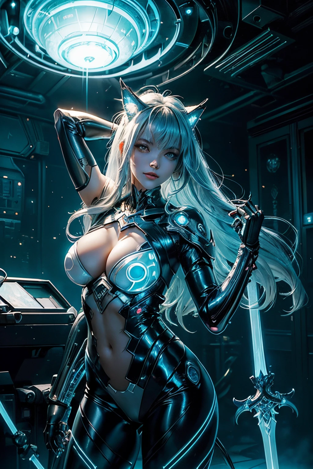 (masterpiece、top-quality、top-quality、offcial art、Exquisite and beautiful:1.2)、(1 girl in)、The is very detailed、(s fractal art:1.3)、Colorful、highest details, nine tail fox, 9 White, black fox ears, Devil cat eye, A fox inspired by a Japanese deity, Fantasy Fairy Transparent, Carefully embellished with gold, Fantasy Japan Background, gently smiling, the super hot and sexy, Large breasts, anatomically co, slender wrists and broad hips, soft expression, A smile, sliver long hair, swell sea, facing the front there, The hair is falling apart
, put her hands up over head, slender hand, slender leg, sleep in bed, bird eyes view, sexy,((Portrait))
Cybernetic arm and glowing cyber girl,(Sheer and revealing costumes:1.3, )Stand on a post-apocalyptic battlefield cityscape, Sexy, Surrounded by a network of wires. Surrounded by a web of circuits. (Cyber Girl with light blue Glowing Sword:1.5),