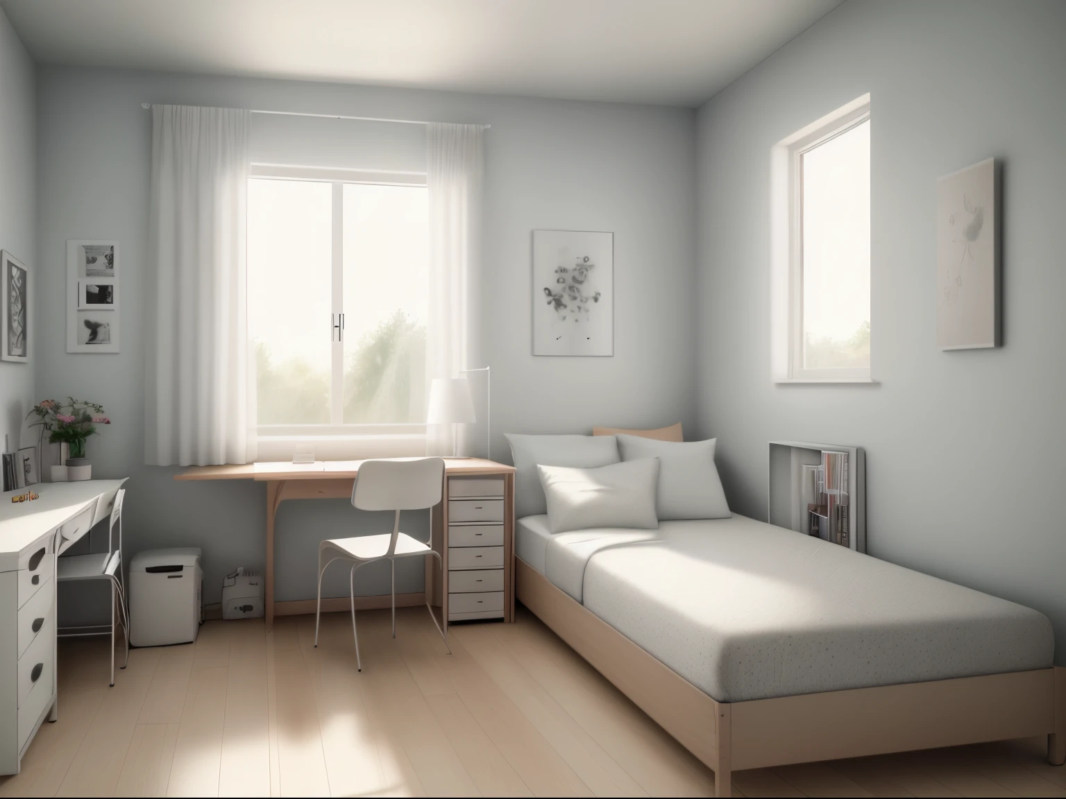 Room of a 24 year old nerdy girl. (Large space, white walls), wooden furniture, bed, desk with notebook, window, fabric curtains. (Realistic image, high quality, 8k)