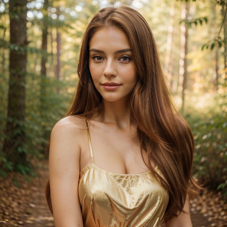 masterpiece ,ultra realistic, high quality,1GIRL, ultra detailed 1.2), HD 8k quality1.2), college 18 year collage girl, golden pink red drees, golden pink colour lipstick, golden pink red colour skin ,realistic skin texture , ultra HD, blue brown eyes, smile face , deep forest field, soft golden mirrored light, golden brown eyebrow, long hair, pink golden red colour hair, ovel face, hair colour priority, gorgeous women, model standing 5 to 6 feet away from camera, ultra details image,
