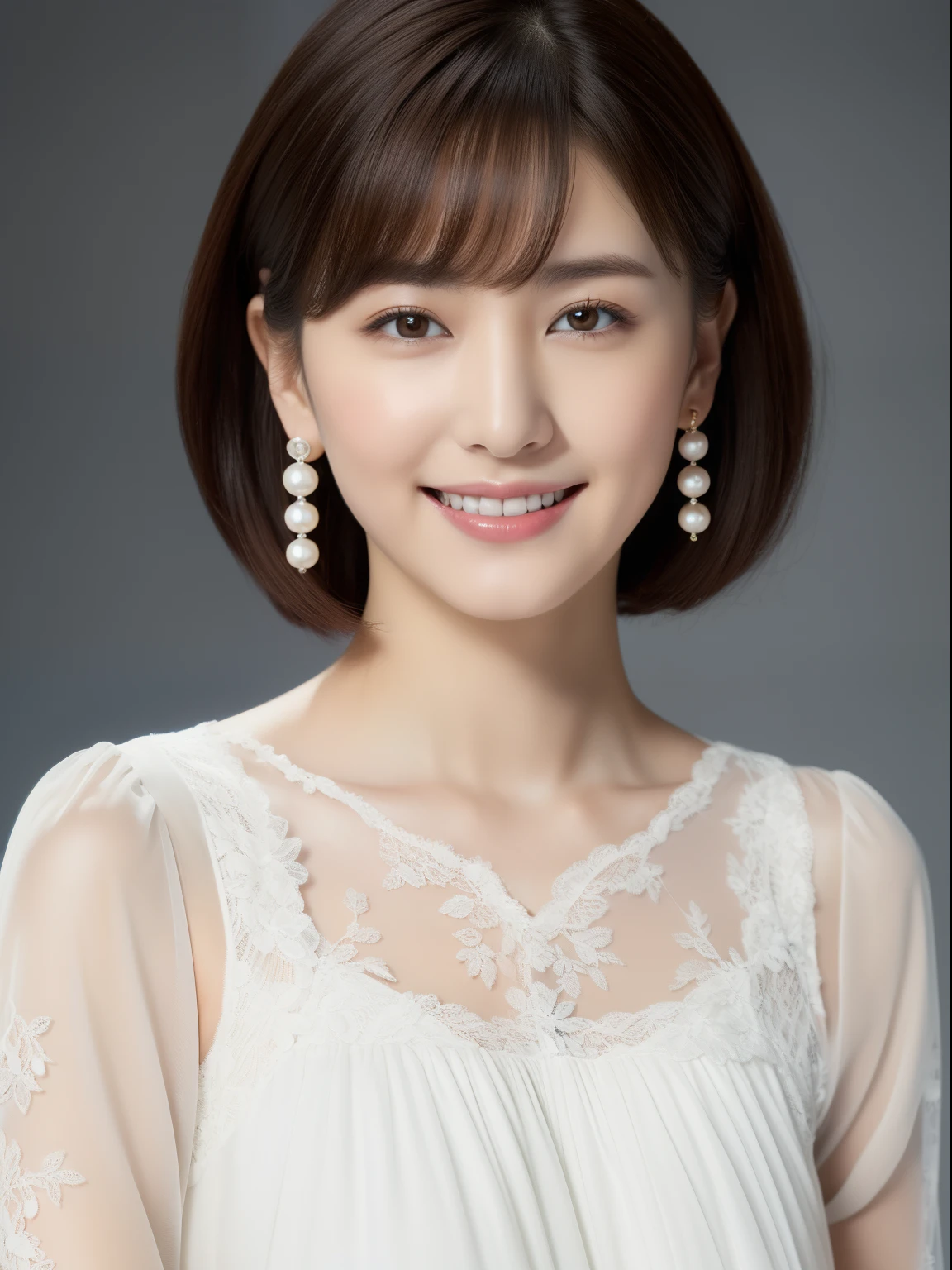 (A hyper-realistic), (illustratio), (hight resolution), (8K), (ighly detailed), (The best illustrationeautiful detailed eyes), (top-quality), (ultra-detailliert), (masterpiece), (wall-), (详细的脸), 二重まぶた、natural make up、Medium bob cut hair, Earrings with bangs、独奏、japanese beautiful woman、popular female announcer、((Naked 20-year-old beautiful girl with pubic hair))、seducting smile、Cute smile、((Baby face))、Seduction Pose、Exposed thighs!!!