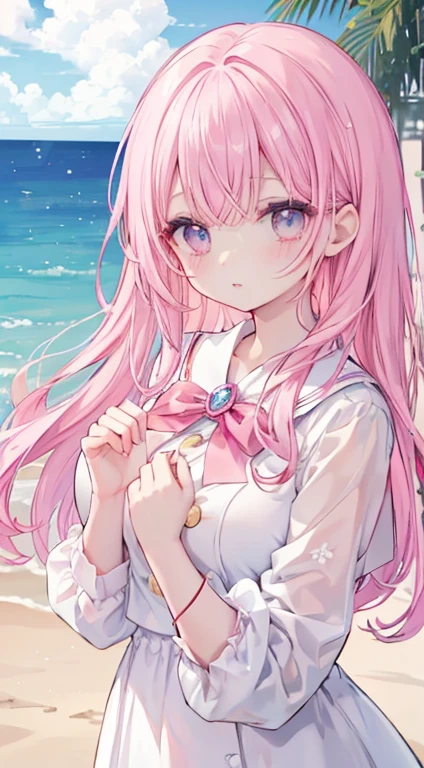 1 woman、pale pink hair、爆乳、魅惑的、a sailor suit、blue-sky、I'm enjoying my youth、Eyes like pink jewels、sparkling jewel brooch、hair shining under the sunlight、Pink lip