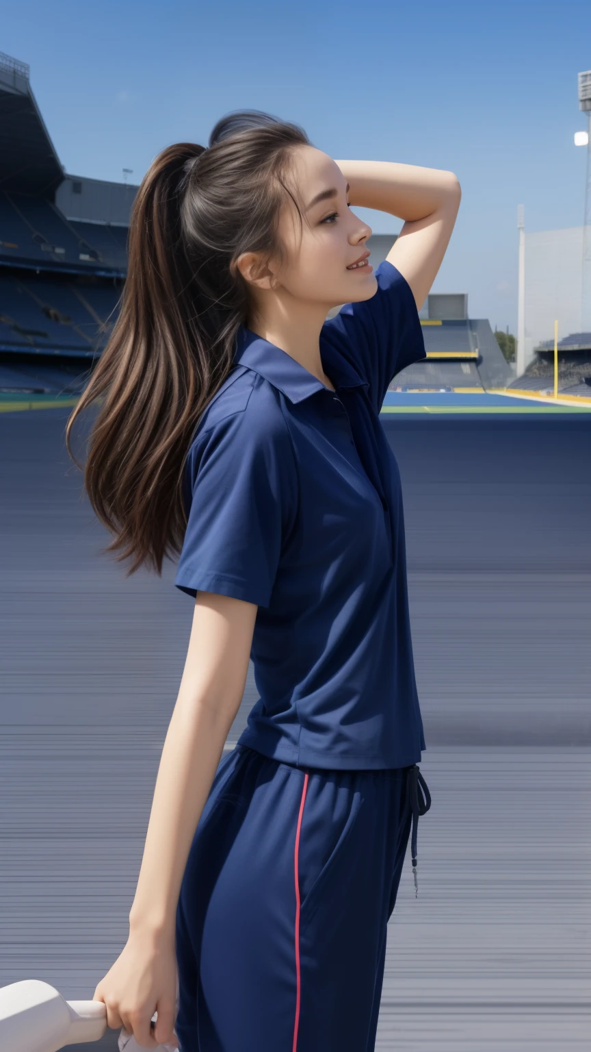 (bestquality,10,10,highres,masterpiece:1.2),ultra-detail,(Realistic,photorealistic portrait,photo-realistic:1.37),1 Cute girl in the football field,oily shiny skin,bara,light smile,BDclothes,((blue shirt:1.3)),short sleeves,shirt, trousers.,(navy_long_Pants Track:1.1), ((Stadium Background:1.3)),dynamic angle,excited,face focus,Dynamic Poses,from behide,Ass Focus,masterpiece, bestquality, ultra realistic, hyper-detail, 8k resolution, RAW photo, crisp focus, ((Navy blue shirt:1.1)), short sleeves, Long Path, Perfect body, 2 mature women, 18yo, cinematic light,Blue sweatpants,Gymware,Correct anatomy,Complete body, Correct body, sharp face, Anatomically correct body, full entire body, Realistic gestures, long-haired, Realistic poses,Wear long shorts................,Long leg span,Shapely,Sculpting Girl, Slender Figure, mannequin mannequins, Shapely, Beautiful body,Blue sweatpants, Two girls kissing