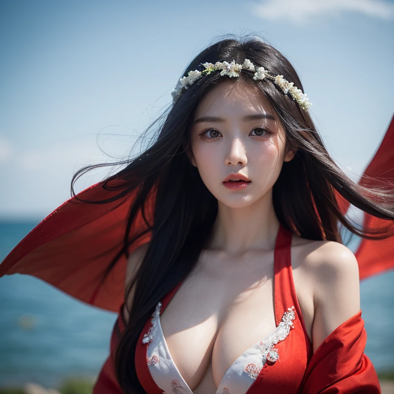 Chinese Ancient Times,Chinese woman,ghost bride,big and plump breasts,Red element,pretty face,Looks haggard and pale and blue,Eyes full of resentment, ghostly wind blowing