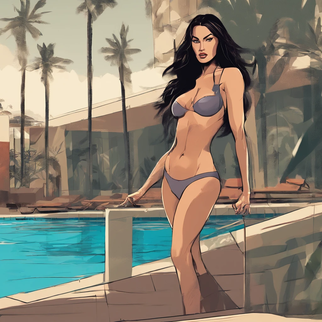 Sexy Megan Fox posing near pool