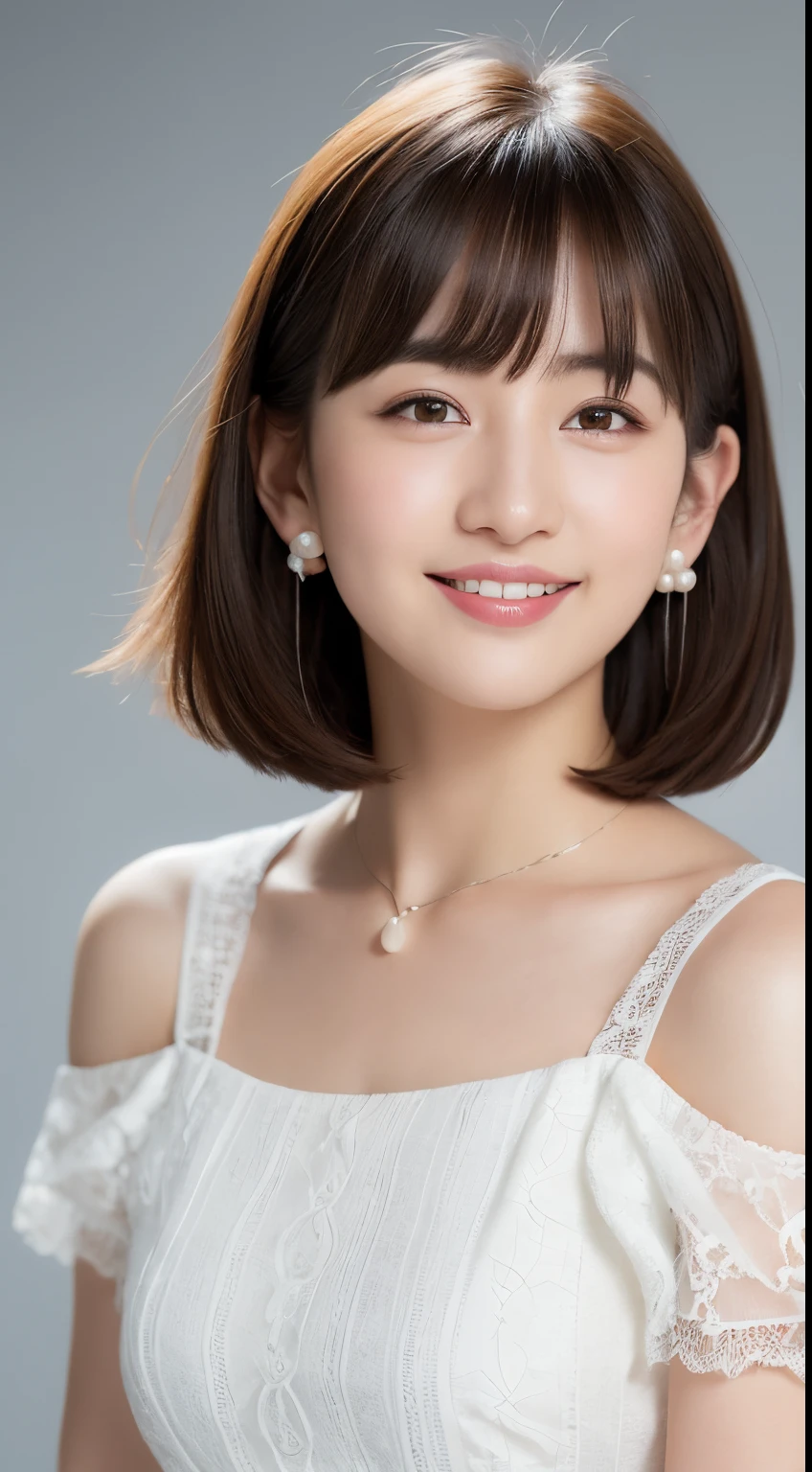 Beautiful schoolgirl。She wears an all-white off-shoulder ruffled lace dress。kindly smile、Show your teeth a little。Smile、Her hair is、Short Bob Hair Straight、(Voluminous short bob、straight haired、On-eyebrow bangs)、((On-eyebrow bangs))、Bob with only one ear out、hight resolution、masterpiece、top-quality、headw:1.3、((Hasselblad photo))、Fine skin、Fine textures、foco nítido、(电影灯光)、鎖骨、Pearl earrings、Pearl Necklace、Katyusha、((cowboy shot))、Light gray background