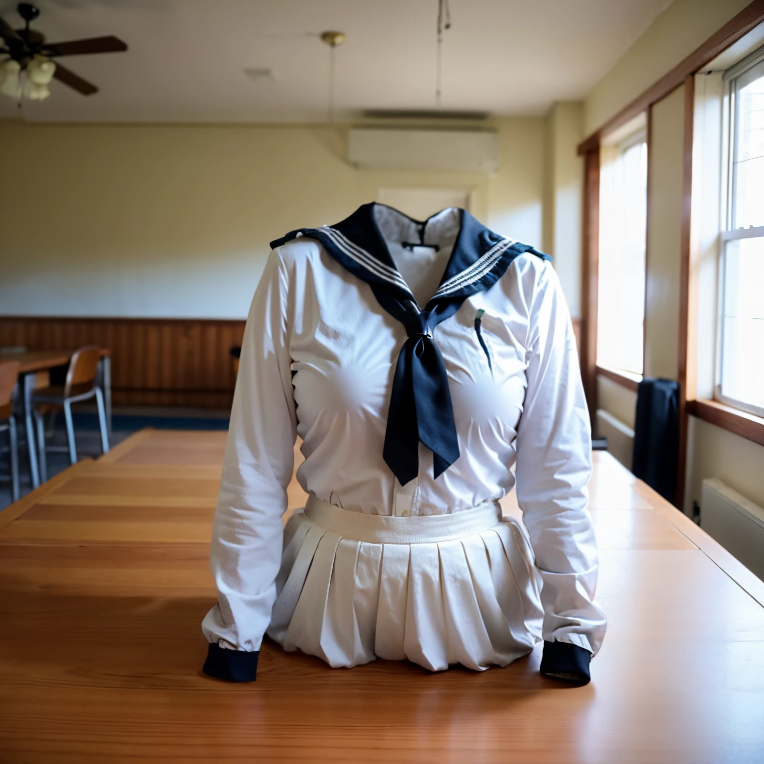 chubby, fat, sailor suit, school uniform, classroom, high school, (Seductive pose), (invisible:1.5, no humans:1.5, headless:1.5, faceless:1.5), ((cute huge breasts)), (8k, RAW photo, best quality, masterpiece:1.2), (realistic, photo-realistic:1.37), photon mapping, radiosity, ((Hasselblad photography)), physically-based rendering