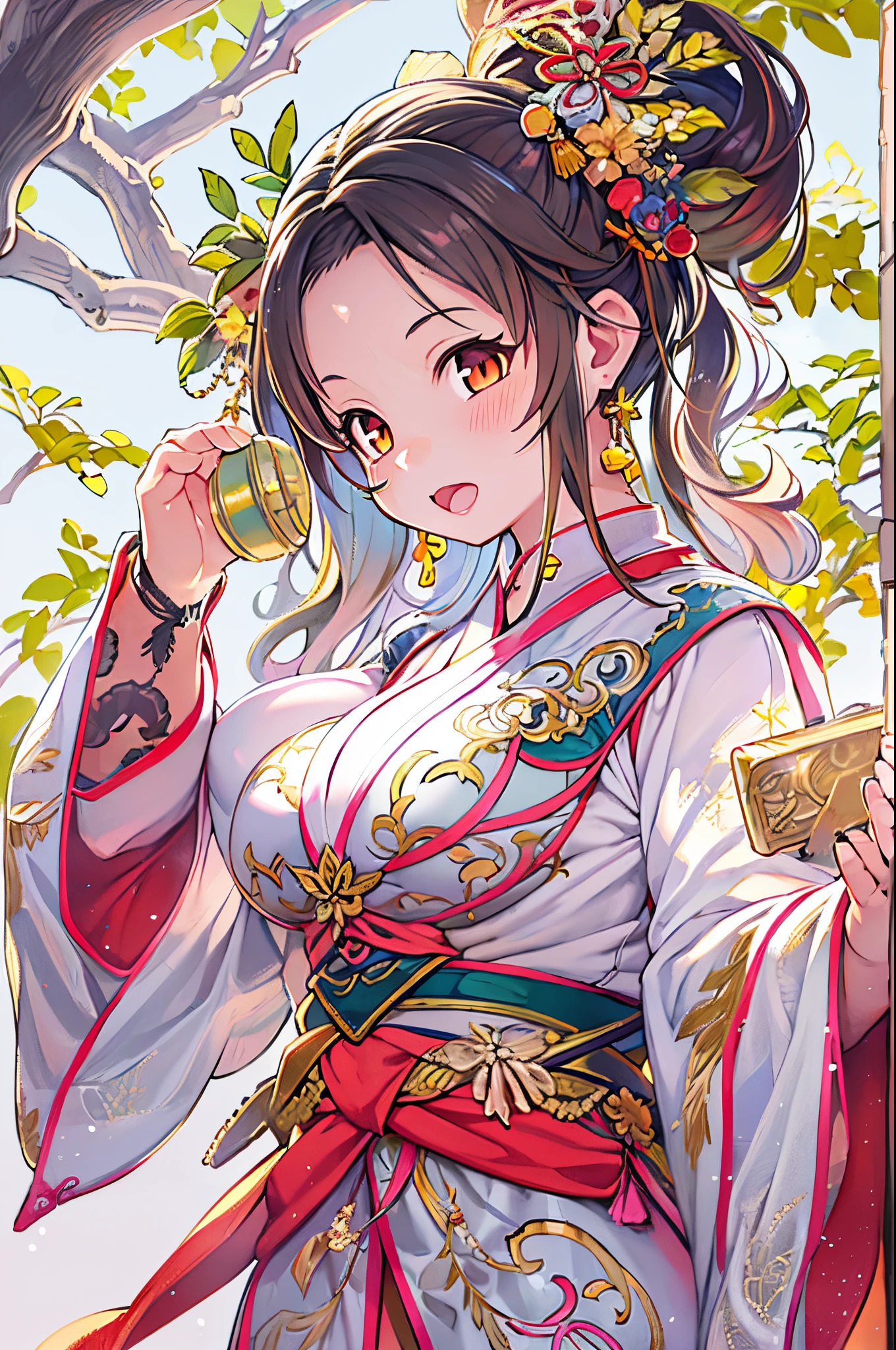 (black hair:1.2),(long hair with curls:1.3),(hair tied up loosely:1.25),(All together:1.3),(black eye:1.4),(Eye size:1.5),(Accessories with flower motifs:1.3),((Kimono fashion:1.4)),(Background full of blooming flowers:1.5),(blush),(upward glance:1.3),(small breasts:1.4),(focus on face:1.3),((look up:1.25)),((View from below:1.3)),(fashion color White、Blue、green 、gold、red:1.3),(smile:1.2),(whole body:1.6)