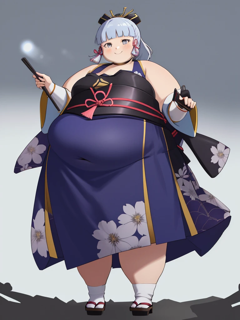 masterpiece, highres, best quality, 1girl solo, fat kamisato_ayaka, big cheeks, smile, kimono, obese body, fat arms, fat belly, thick thighs