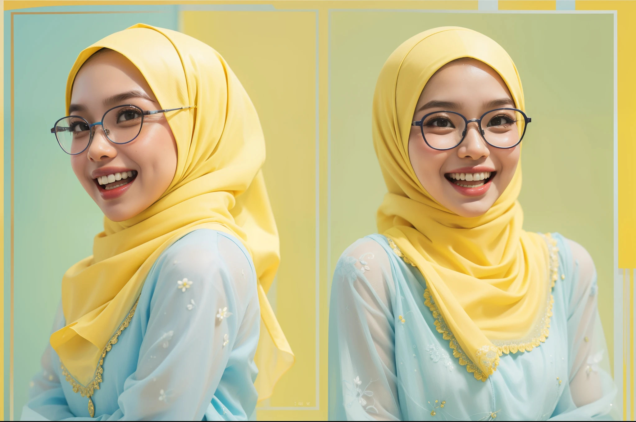 Sexy Malay woman in a light blue baju kurung in front of a yellow background, laughing, dimple, glasses, hijab, mira filzah, full portrait, on a yellow canva, full portrait shot, photo of young malay woman, photo of a woman, potrait, in yellow background, extreme close up shot, ultra detail, pastel color grading,
