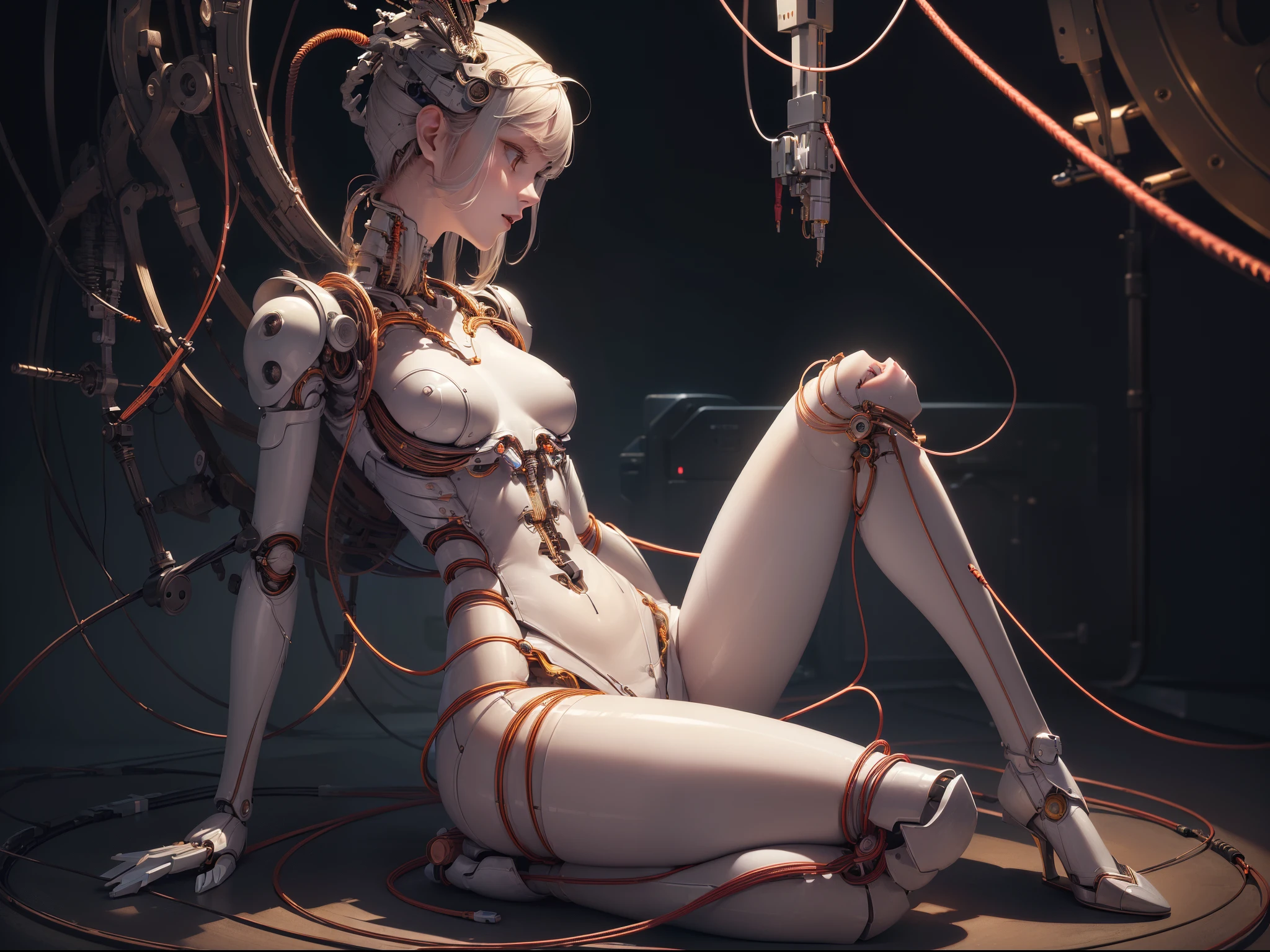 (((masterpiece))), (((best quality))), ((ultra-detailed)), (highly detailed CG illustration), ((an extremely delicate and beautiful)),(cute delicate face),cinematic light,((1mechanical girl)),solo,full body,(machine made joints:1.4),((machanical limbs)),(blood vessels connected to tubes),((mechanical vertebra attaching to back)),((mechanical cervial attaching to neck)),((sitting)),expressionless,(wires and cables attaching to head and body:1.5),(character focus),science fiction