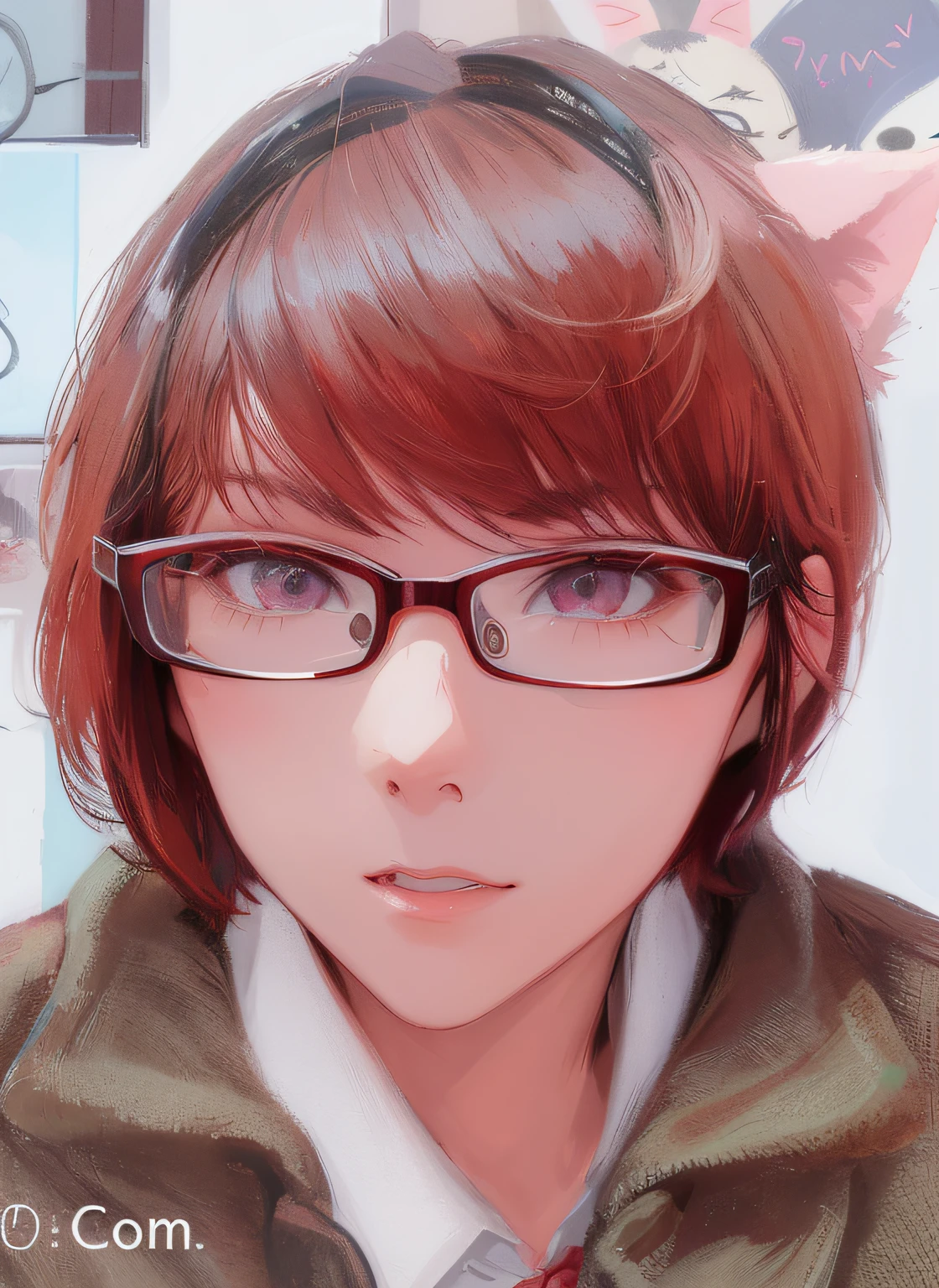 There is a woman wearing glasses and cat ears, wears glasses, Wearing glasses, !!wears glasses!!, Glasses, !!wearing modern glasses!!, Wears square glasses, short detailed hair, Wears black glasses, Do not wear glasses, Wearing thin and large round-rimmed glasses, 1 8 yes, Wearing red tinted glasses, Wears square glasses, post-processed)