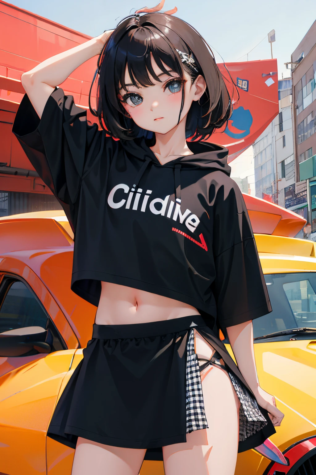 wariza，()，（​masterpiece，Highest Quality），Crop Top Look，Short sleeve hoodie，(Black mini skirt with gingham check)，A dark-haired