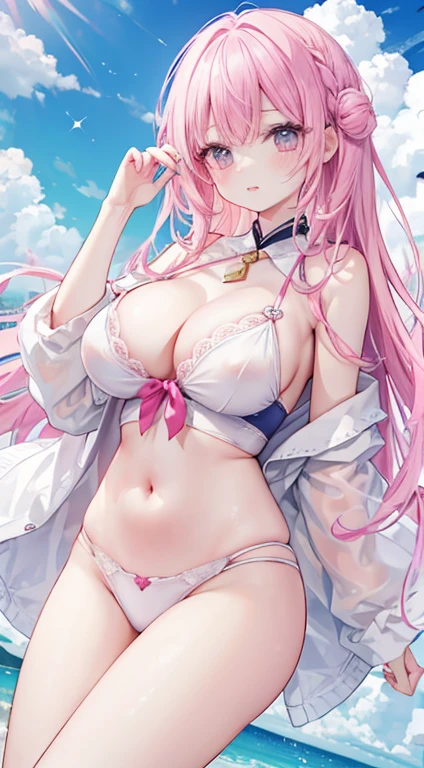 16k, hyper HD, retinas, Masterpiece, ccurate, Anatomically correct, High details, Best quality, High quality, A high resolution，Pink hair，maidennurse，no clothes are worn，In the daytime，long whitr hair，Hair tied on both sides，Wet hair，mideum breasts，taking a shower，Brilliant，opulent，first person，illustration，quadratic element，Exposed undergarment，White knee-length socks，Exposed panties，Bare chest，Open navel，big assa，cropped shoulders，white  panties，cosplay，Asia face， old，teens girl，beg