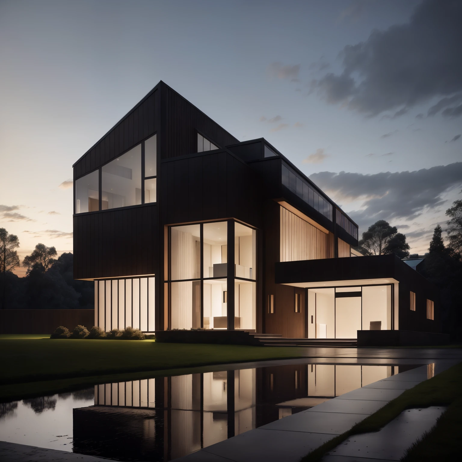 mordenhouse, house, glass house with a sloping roof, modern, dynamic (RAW photo, real, best quality, masterpiece:1.2), (hyper realistic, photo-realistic:1.2), high quality, (dark lighting:1.2), perfect lighting, archdaily