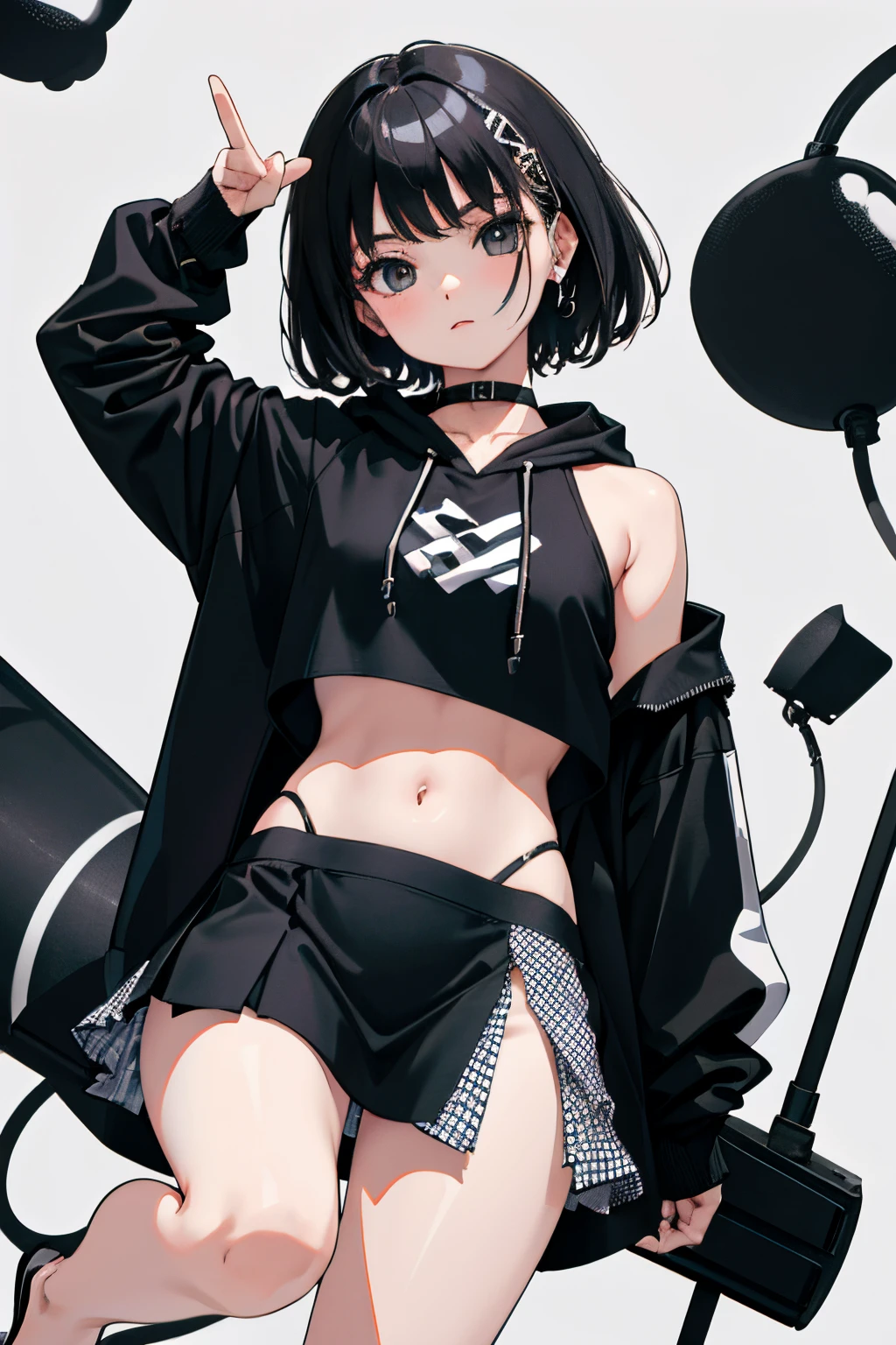 wariza,(child),(masterpiece,Highest Quality),Crop Top Look,Short sleeve hoodie,(Black mini skirt with gingham check),A dark-haired