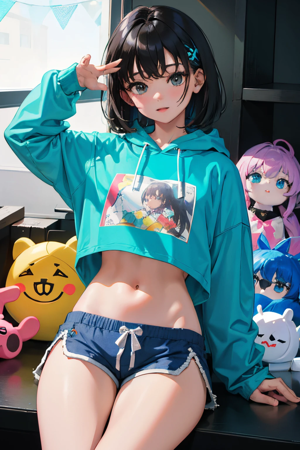 ()，（​masterpiece，Highest Quality），Crop Top Look，Turquoise Hoodie，(Gingham Check Shorts)，A dark-haired，World of toys