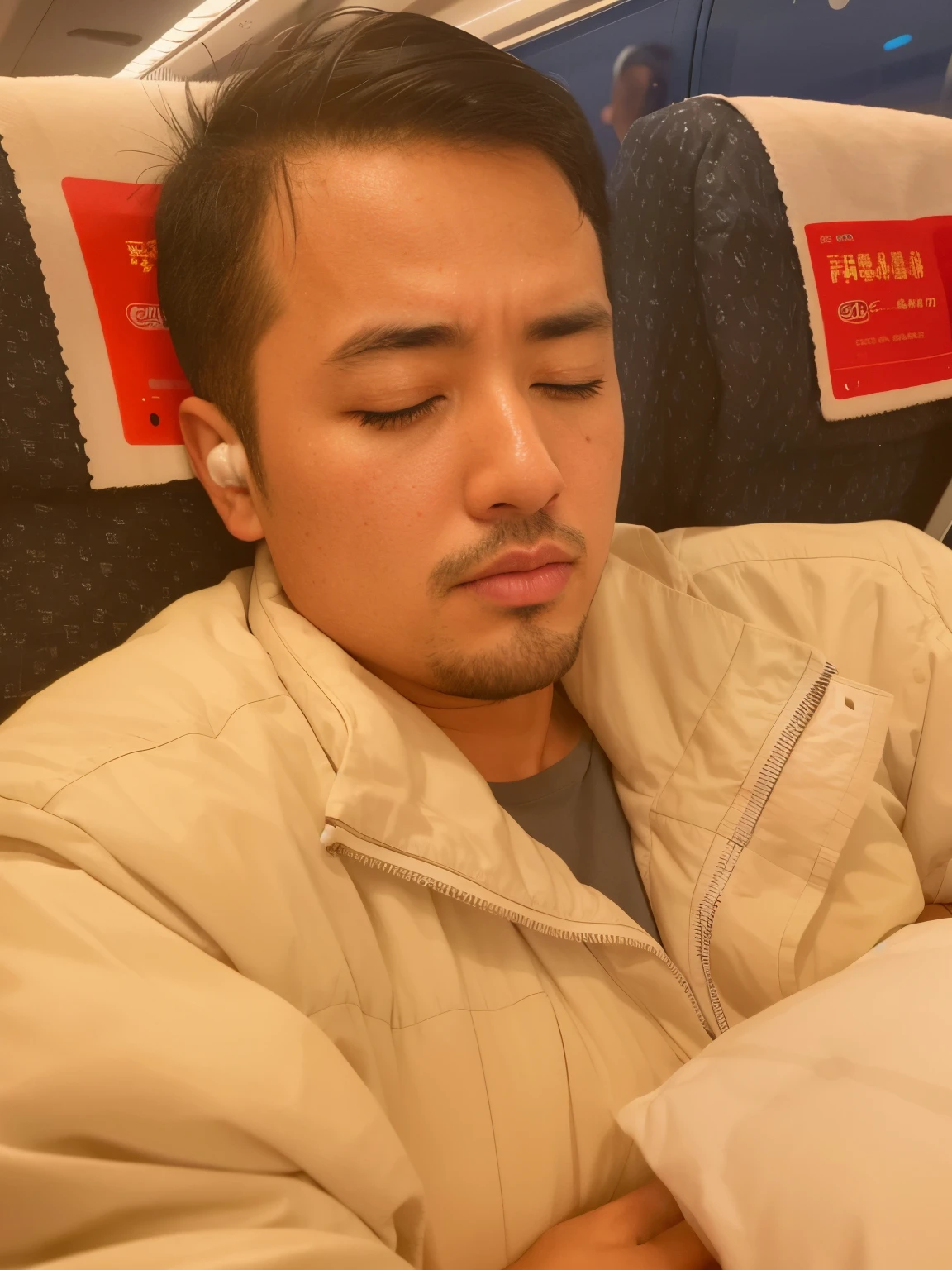 Arafad man sleeps with eyes closed on train, sleepy expression, with headphone, steve zheng, he is very relaxed, tired half closed, huifeng huang, xintong chen, Chiba Yuda, xiaofan zhang, with headphone, Shaw Peter, xue han, wenjun lin