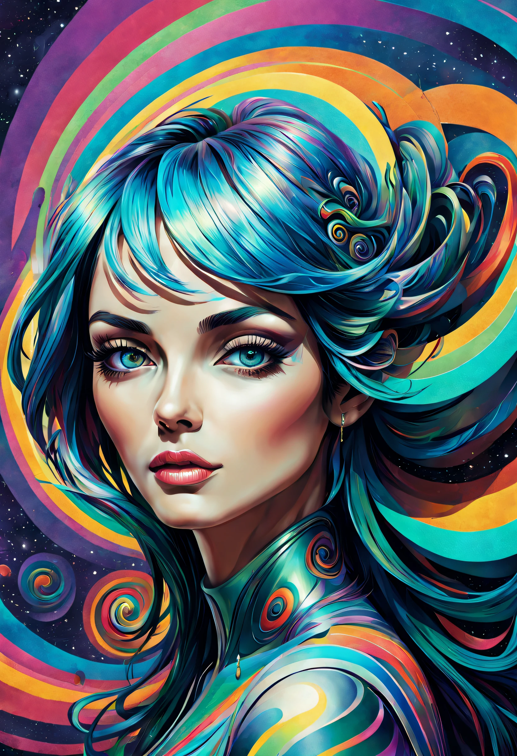 The portrait of beautifull women, highly detailed and textured, with a futuristic style. A swirl décor of psychedelic color
