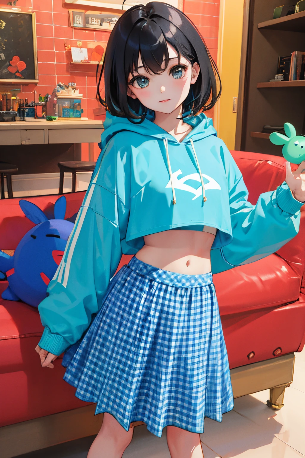 (child),(masterpiece,Highest Quality),Crop Top Look,Turquoise Hoodie,(Gingham Check Skirt),A dark-haired,World of toys
