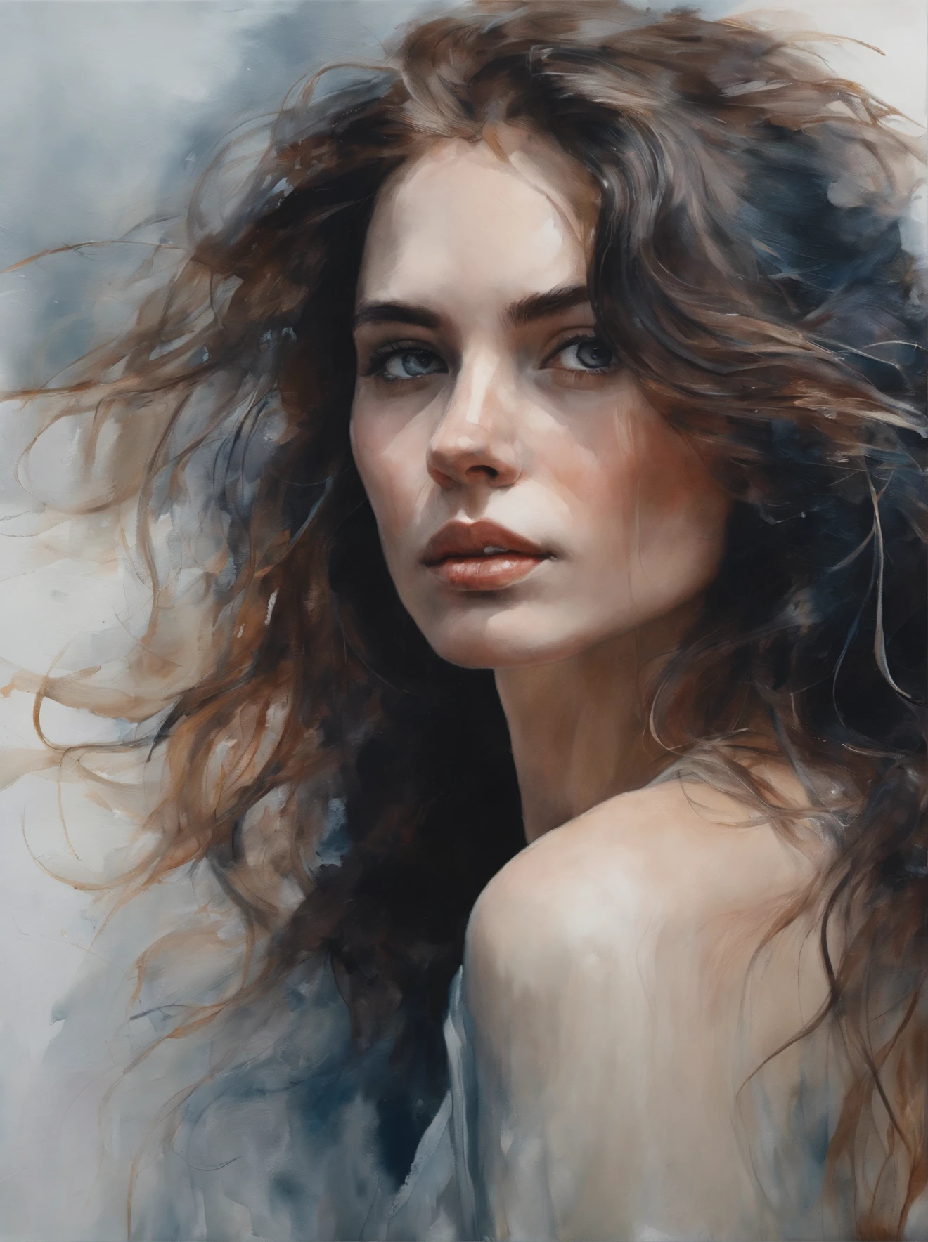 Agnes Cecile's painting, beautiful young girl, female body, wind-blown hair, 16k, detailed eyes and lips, intricate face and features, flowing hair in the wind, expressive emotions, vibrant colors, acrylic painting style, delicate brushstrokes, realistic details, fine textures, high contrast, soft lighting, captivating gaze