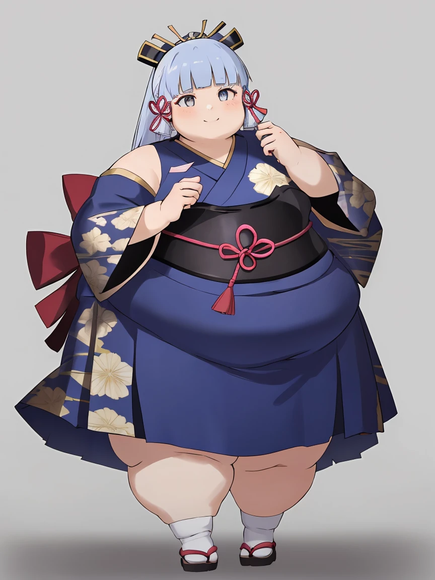 masterpiece, highres, best quality, 1girl solo, fat kamisato_ayaka, big cheeks, smile, kimono, obese body, fat arms, fat belly, thick thighs, sexy obese girl