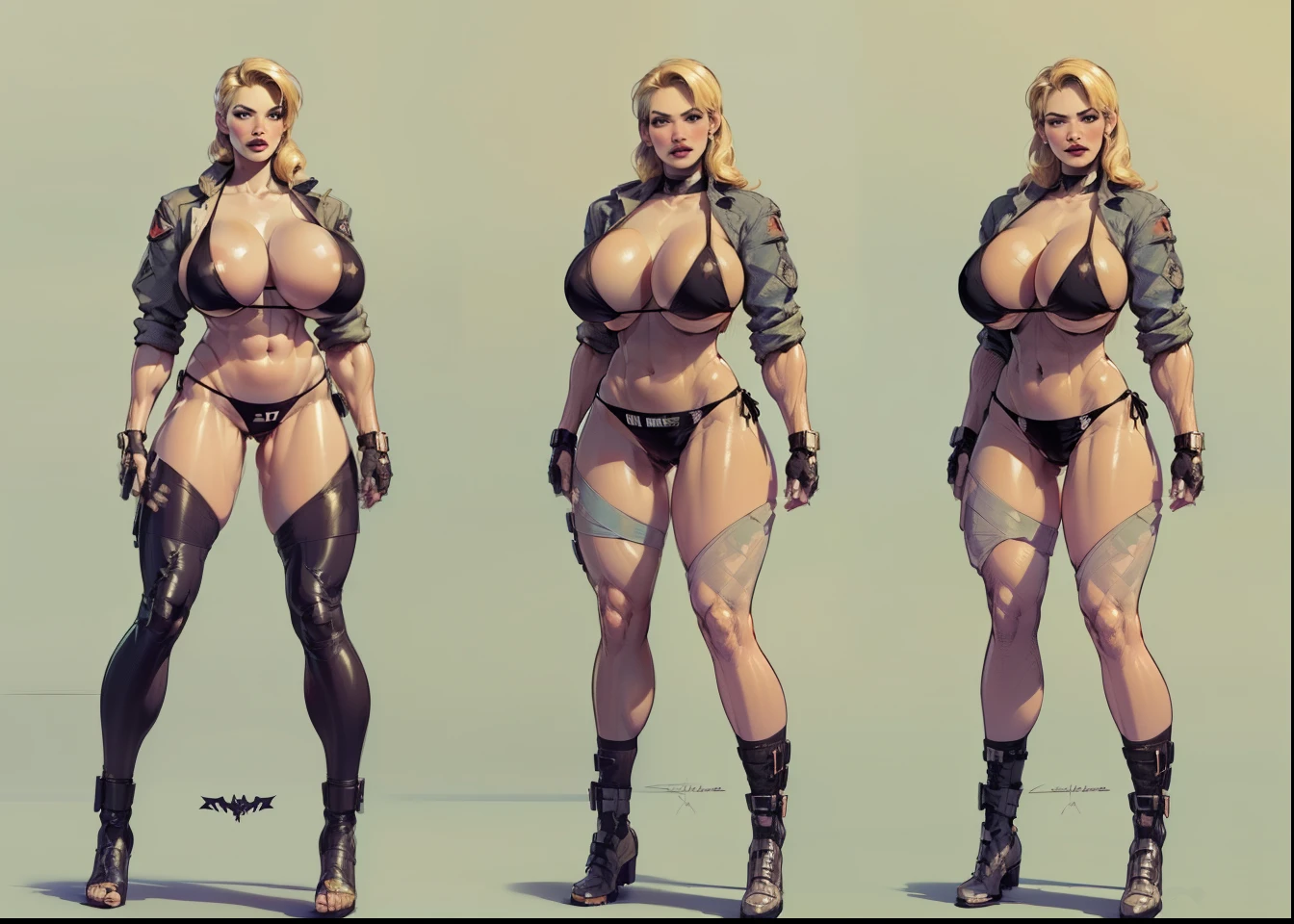 (Sonya Blade),((Character design sheet)),  environment Scene change, (((Masterpiece:1.4))), (Very detailed: 2), (Beautiful: 2), (giant breast:1.5), ( blonde hair: 1.6),((Masterpiece)), Highly detailed, Perfect, (Hanging black bikini in a soldier&#39;s uniform:1.6), ((Cool color palette:1.3)), (full body view), ((full - body:1.7)), (Bimbo:1.4),