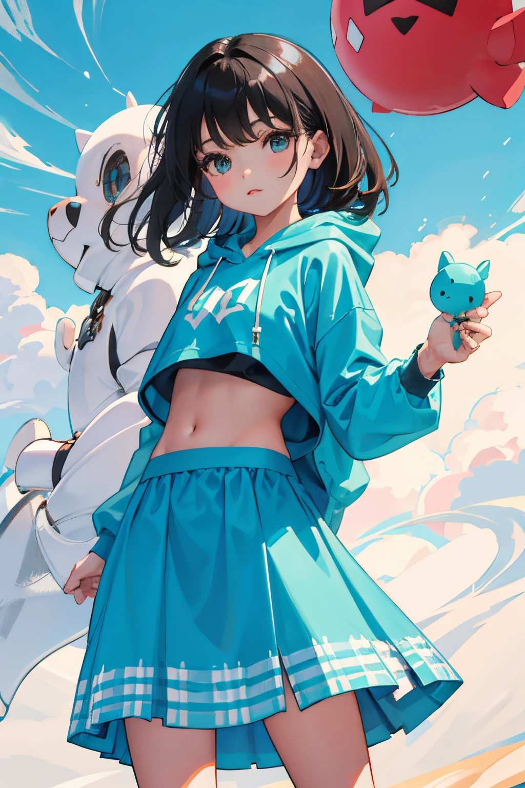 (child),(masterpiece,Highest Quality),Crop Top Look,Turquoise Hoodie,(Gingham Check Skirt),A dark-haired,World of toys