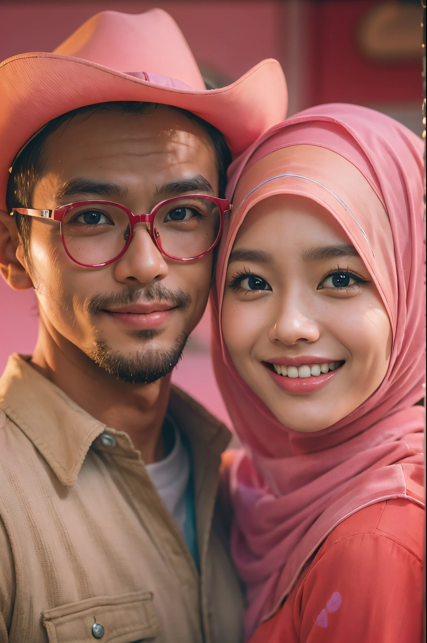 (masterpiece, best quality:1.2), cowboy shot, solo, 1 malay girl and 1 malay man, smile, looking at viewer, hand on hip,girl wear pastel red color hijab, eyewear on head, pastel red cowboy outfit, man behind girl, extreme close up shot, ultra detail, pastel color grading,
