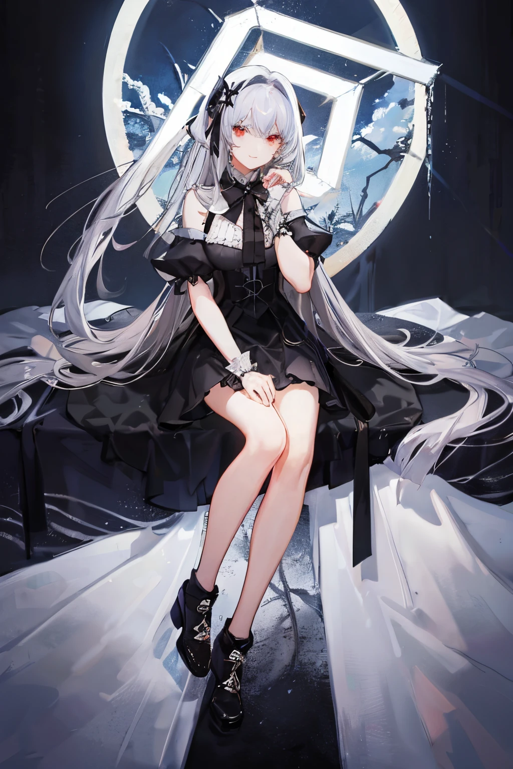 Heterochromic pupils，Silver hair mixed with black hair，teens girl，Wearing a gothic style skirt，With a smile，sittinng on the desk，Next to it is the window，Room brightness is too dark，Slightly girly style，Picture quality HD，Illustration level，Ultra high quality，with a halo on his head，Leaning against the window，red bow，美丽细致的眼睛，Dappled light and shadow，long whitr hair，Gradient hair，Dull hair，long whitr hair，rays of moonlight，loft，Red left eye，The right eye is blue，8K,Wallpapers