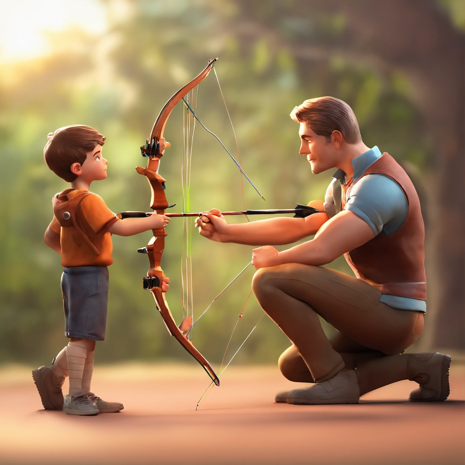 Dad teaches his son archery