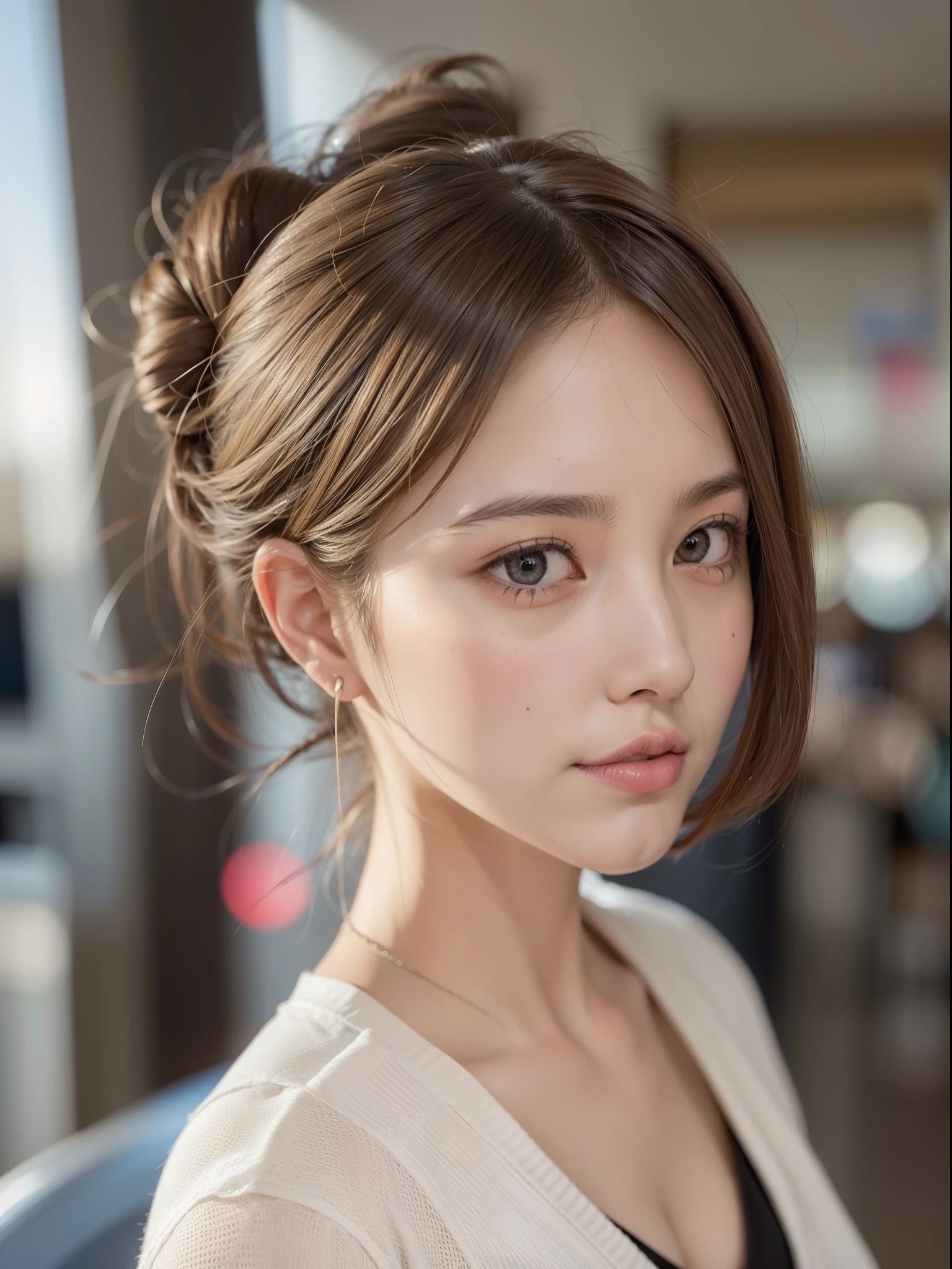 ((of the highest quality, 8K, masutepiece: 1.3, Raw photo)), Sharp Focus: 1.2, (1 AESPA Girl :1.1), (Solo: 1.1), (Realistic, Photorealistic: 1.37), (Face Focus: 1.1), Cute face, hyperdetailed face, (short messy hair: 1.2), (updo: 1.3), small breasts, flat chest, nude, lingerie, thigh, Beautiful flight attendant, airport, Beautiful flight attendant outfit,