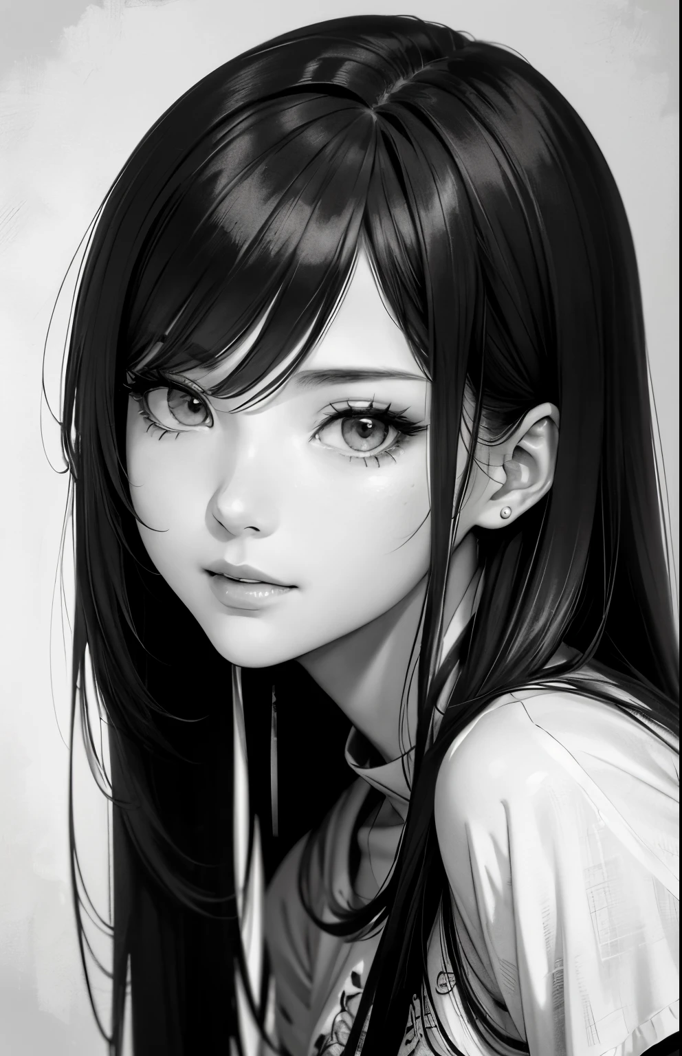 Monochrome grayscale, masterpiece、top-quality、hight resolution、High-quality images、8K, 1 woman、skin gloss、Texture of skin and clothing、Detailed eye expression、Lustrous hair、pencil painting、Drawing of a girl with long hair, Manga inspired by Lee Jong-suk, trending on deviantart, Realism, detailed manga style, manga art style, perfect lineart, beautiful line art, ((black and white manga style, in style of manga, Pencil drawing)), comic drawing style, beautiful drawing style, high quality sketch art, High quality sketching, digital manga art girl, kpop idol, t-shirt, spring clothes, detailed brown eyes, plump lips, detailed gorgeous face, (cute smile), view from viewer, medium breasts, flirtatious look, seductive, ((very detailed)), (perfectly detailed face), (well detailed hand) photorealistic image, japanese hime cut hairstyle, cowboy shot