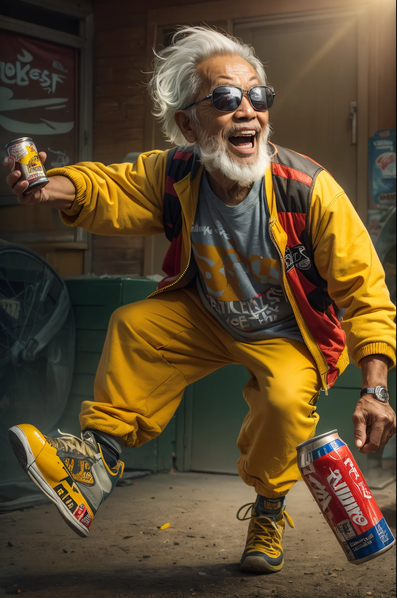 Design an photorealistic advertisement poster featuring a sprightly Malay old man in rockers outfit energetically engaging in sports like skateboarding or mountain biking while holding a energy drink can, with a comically exaggerated expression of excitement, while holding an energy drink bottle with big power logo on drink label, golden yellow drink can, high quality, ultra detail, 4k, cinematic lighting, dramatic,