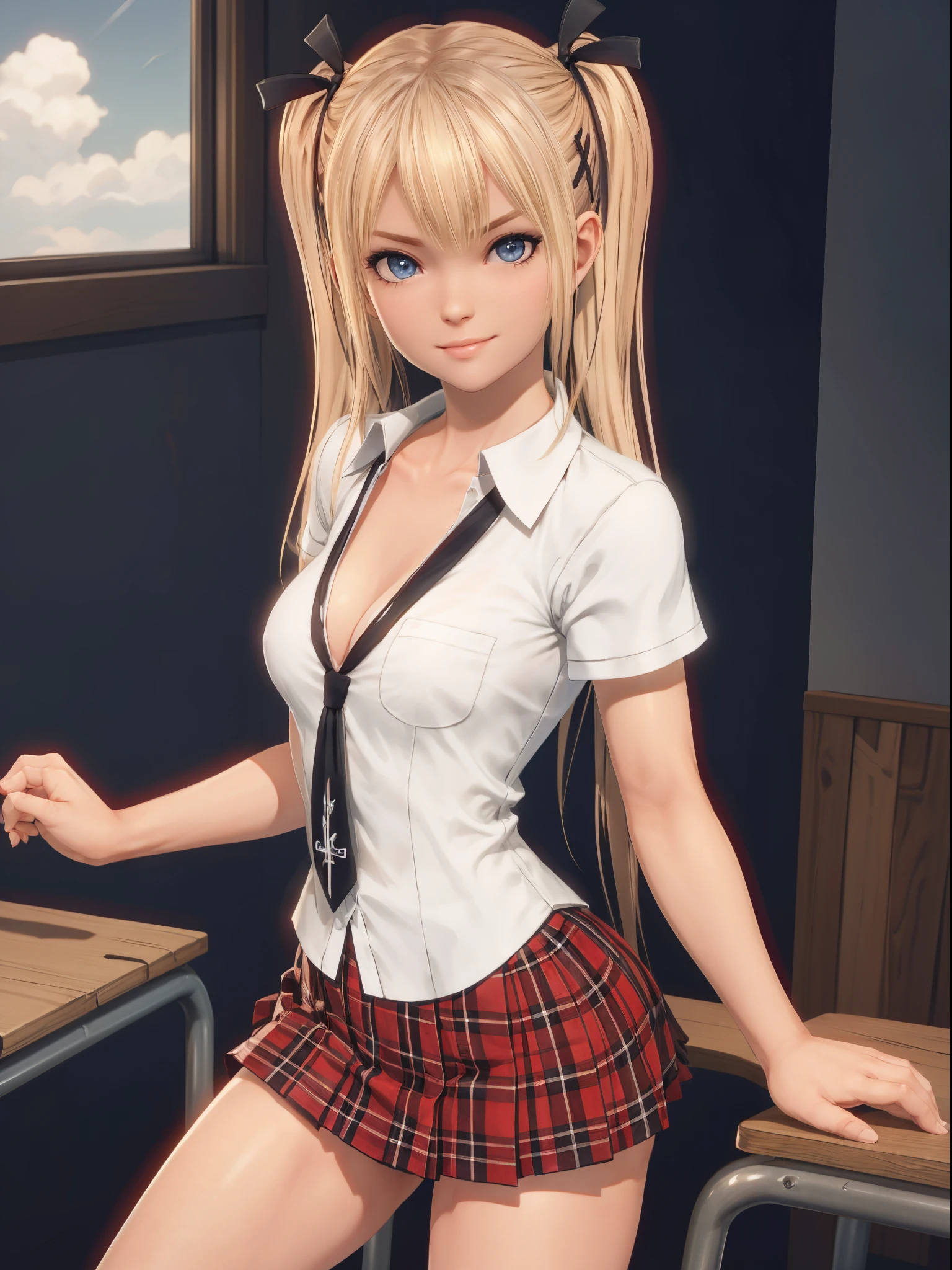 (​masterpiece), (top-quality), stunningly beautiful Marie Rose (Dead or Alive) as a sexy schoolgirl, blonde hair, twintails hair, dark blue eyes, ,extremely detailed, best quality, ultra-realistic,high-resolution, dynamic angle, dynamic pose, (1girl), small_breasts, flat_chest, (cleavage:1.2), sexy, sensual,smiling, sexy pose, athletic, looking at viewer, eye contact, detailed modern day classroom in background, sunny day, indoor, chairs, benches, dynamic pose, action pose, alluring, seductive_pose, natural lights, cleavage, athletic body, upper body, mid shot, masterpiece, detailed, mature, bright colors, high saturation, stunningly beautiful girl, precise hands, seductive-expression, inviting smile, smirk, Clear eyes, Shining eyes,, ultra-definition, Top resolution,  soft lightning