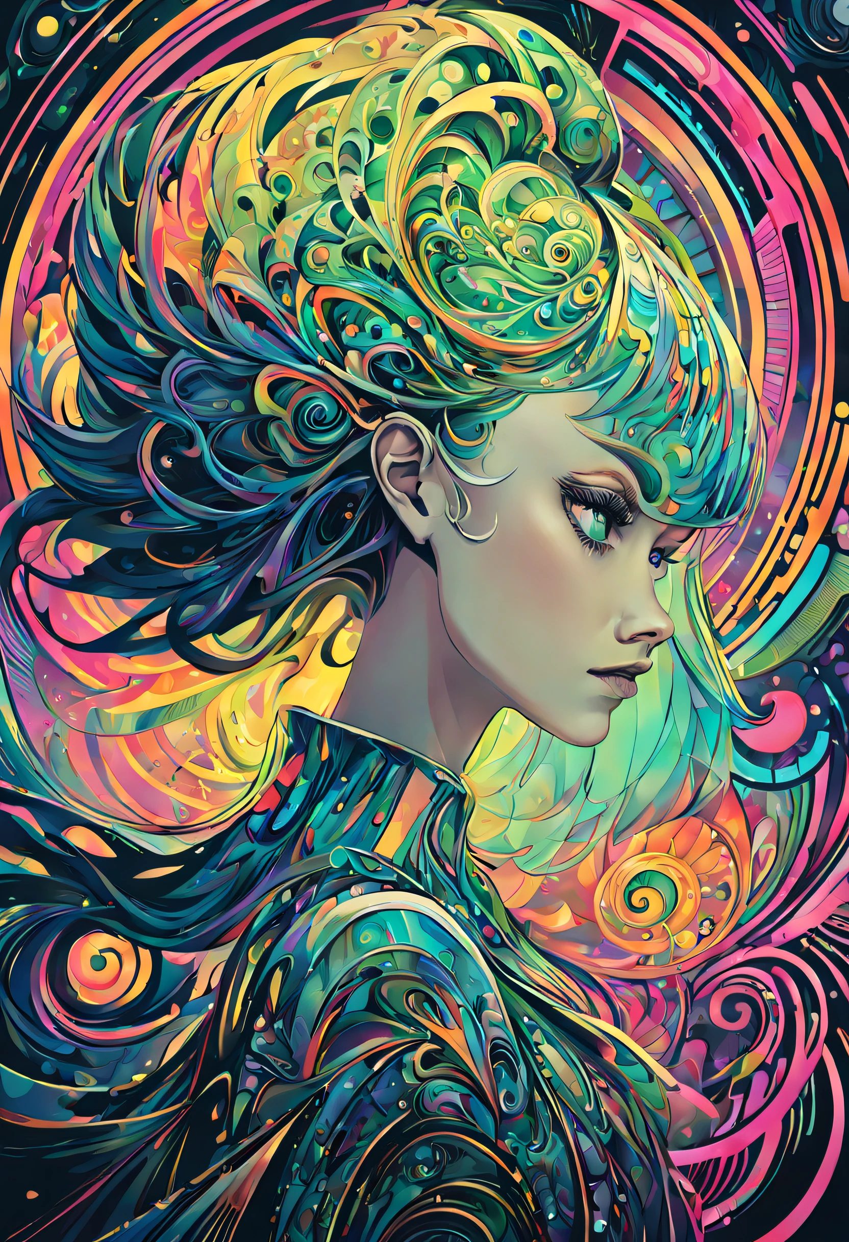 The portrait of beautifull women, highly detailed and textured, with a futuristic style. A swirl décor of psychedelic color