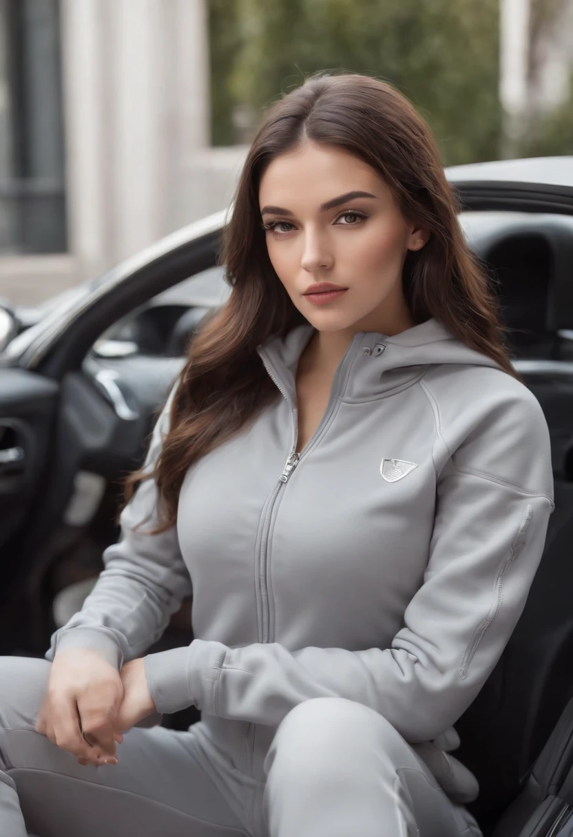 beautiful brunette 22 year old woman, sat in a luxury car, wearing plain grey tracksuit, natural lighting, ultra realistic, full body shot