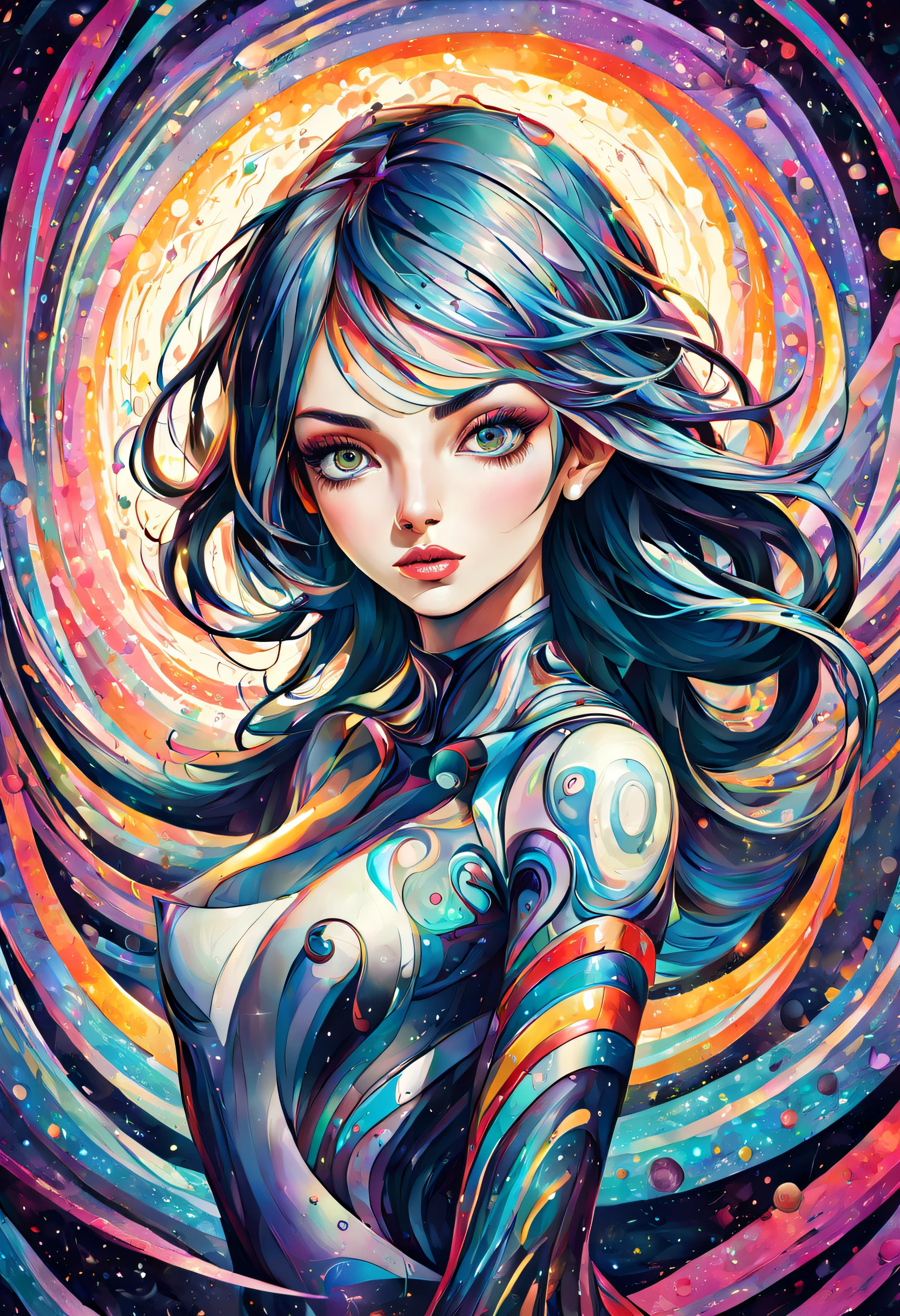 The portrait of beautifull women, highly detailed and textured, with a futuristic style. A swirl décor of psychedelic color