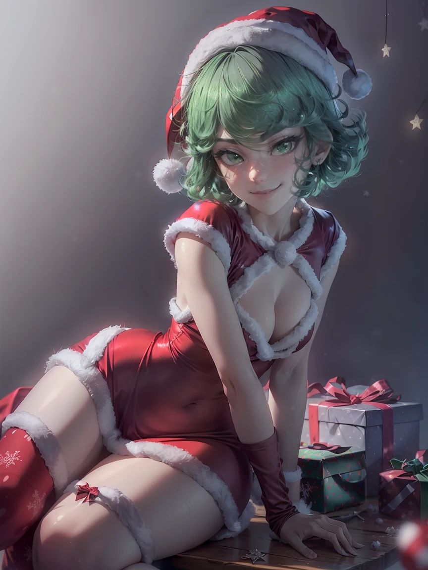 (master piece: 1.1), (tatsumaki), detailed face, (detailed green eyes), green hair, embarassed, short hair, reddress, slim body, fullbody, cowboy shot, shy, anime character, (christmas costume), christmas clothes, smiling, ((wearing santa hat)), detailed santa hat, ((simple gray background))