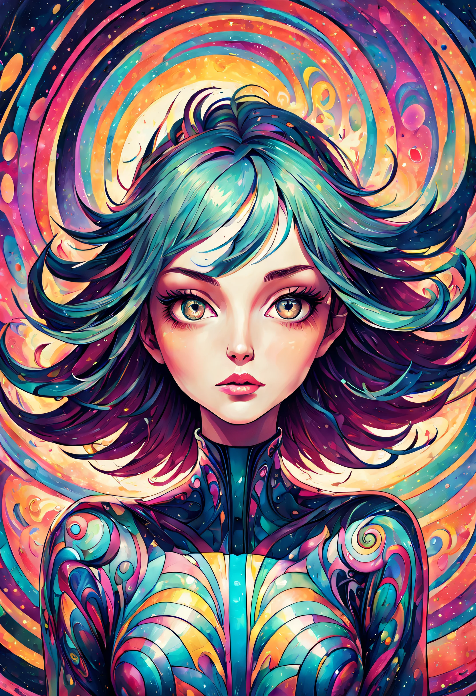 The portrait of beautifull women, highly detailed and textured, with a futuristic style. A swirl décor of psychedelic color