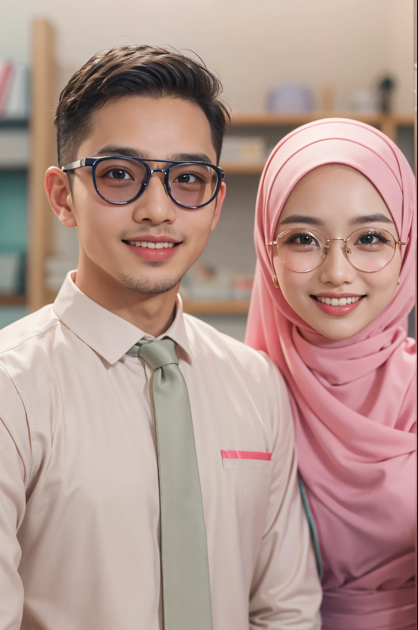 (masterpiece, best quality:1.2), portrait shot, solo, 1 malay girl in hijab and 1 malay man in office suit, smile, looking at viewer, hand on hip, girl wear pastel red color hijab and baju kurung, eyewear on head, man behind girl, extreme close up shot, ultra detail, pastel color grading,