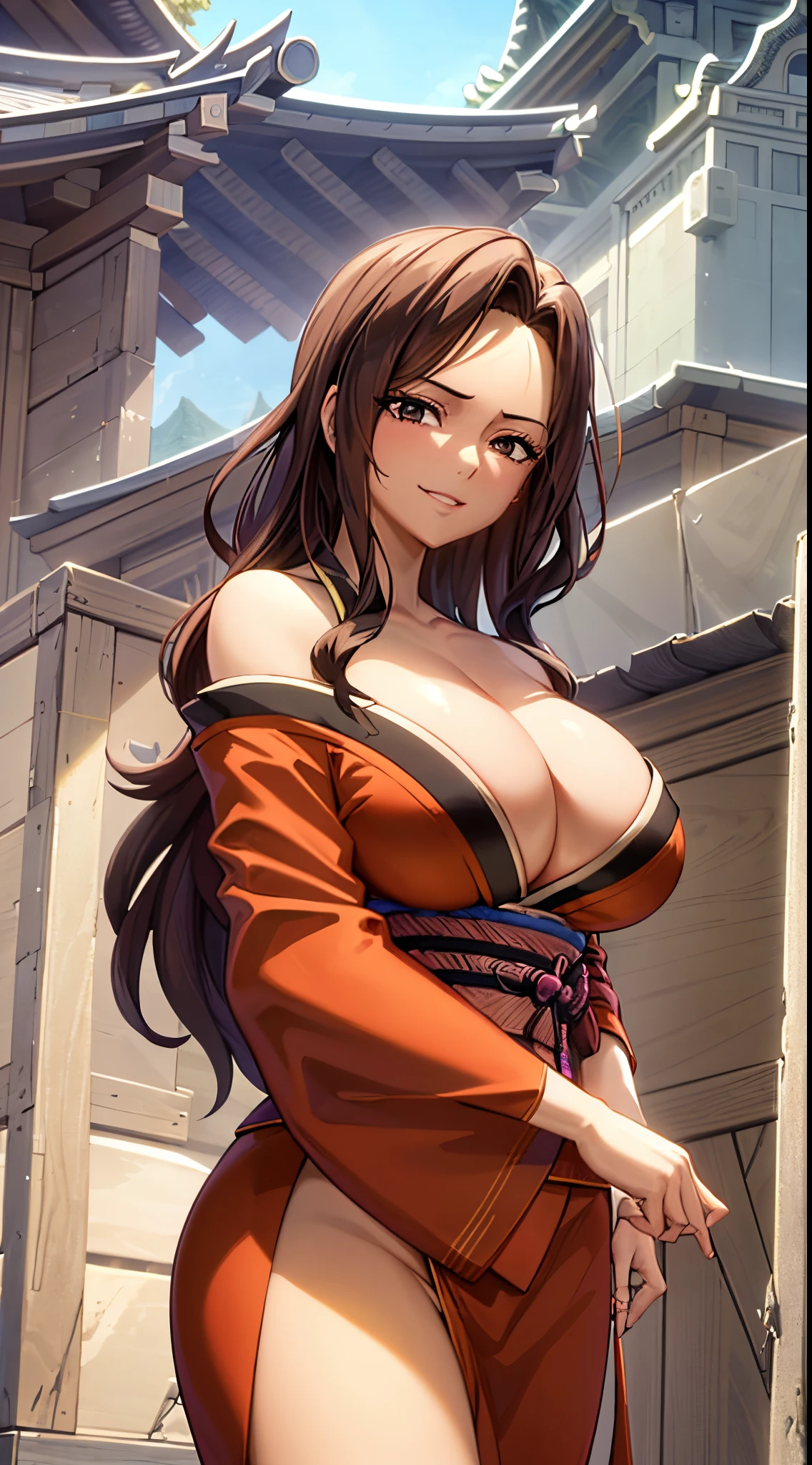 masterpiece, high quality, 8k, best qualitymasterpiece, cinematic lighting, in front of the temple, wear a kimono, off shoulder,cleavage, big boobs, extremely detailed CG unity 8k wallpaper, canarnd, 1girl, mature female,smile, parted lips, looking at viewer,