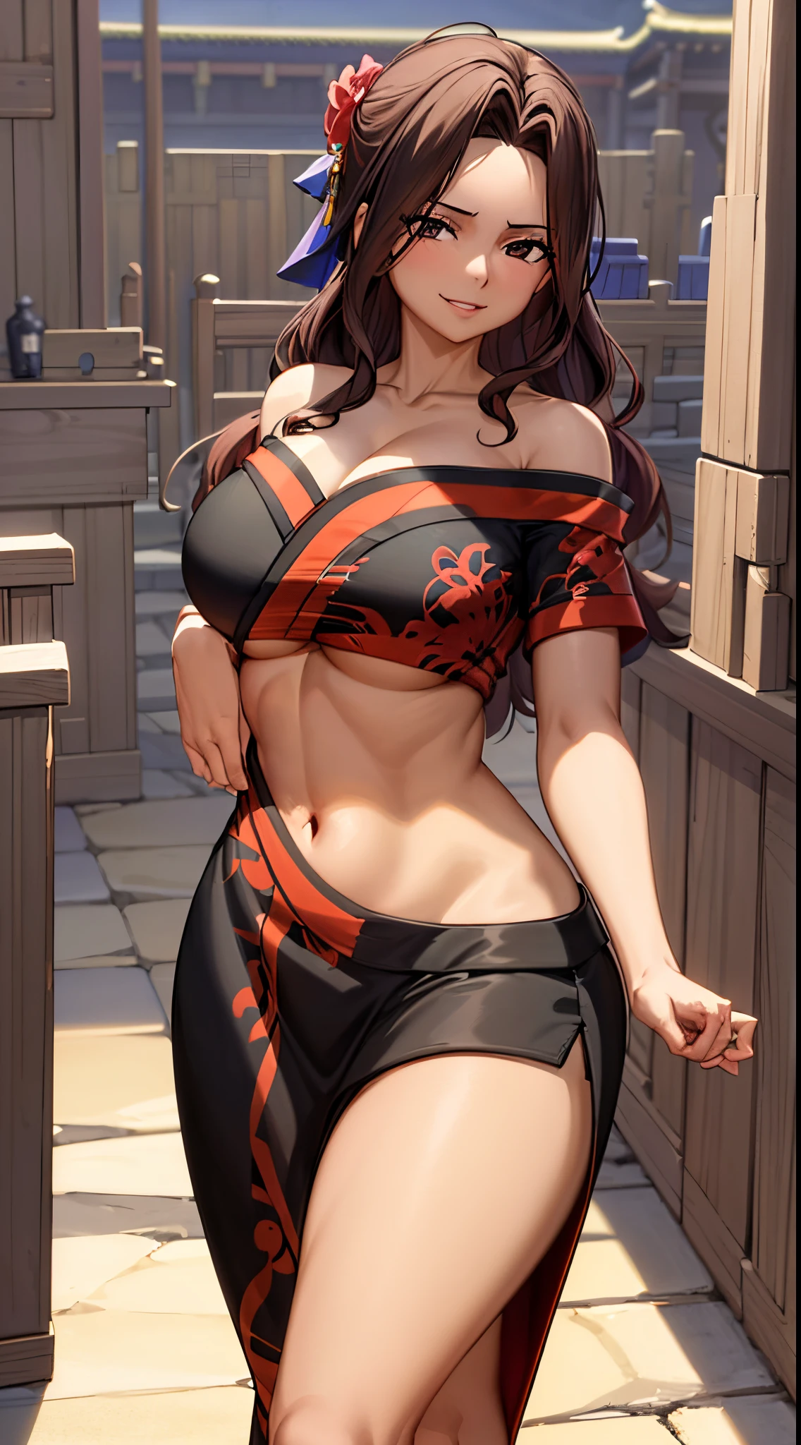 masterpiece, high quality, 8k, best qualitymasterpiece, cinematic lighting, in front of the temple, wear a kimono, off shoulder,cleavage, big boobs, extremely detailed CG unity 8k wallpaper, canarnd, 1girl, mature female,smile, parted lips, looking at viewer,