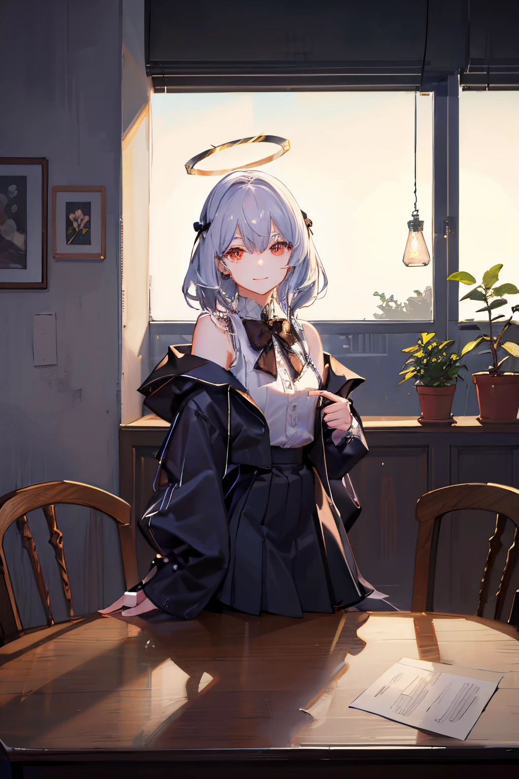 Heterochromic pupils，Silver hair mixed with black hair，teens girl，Wearing a gothic style skirt，With a smile，sittinng on the desk，Next to it is the window，Room brightness is too dark，Slightly girly style，Picture quality HD，Illustration level，Ultra high quality，with a halo on his head，Leaning against the window，red bow，美丽细致的眼睛，Dappled light and shadow，long whitr hair，Gradient hair，Dull hair，long whitr hair，rays of moonlight，loft，Red left eye，The right eye is blue，8K,Wallpapers