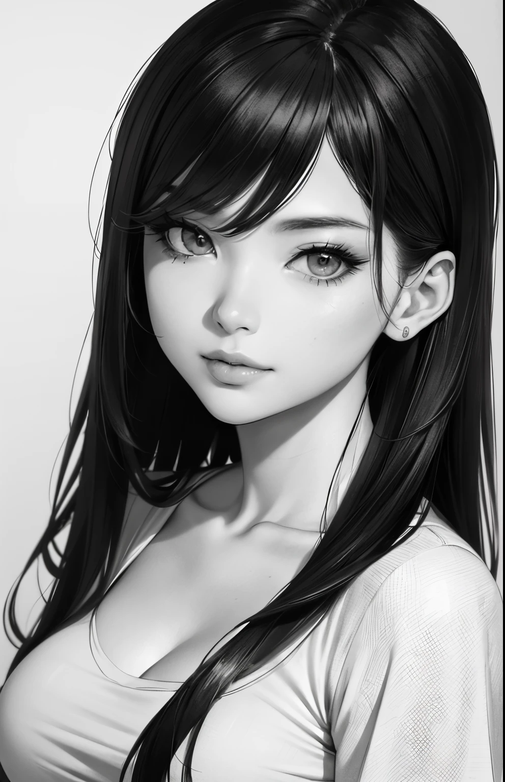 Monochrome grayscale, ​masterpiece、top-quality、hight resolution、High-quality images、8K, 1 woman、skin gloss、Texture of skin and clothing、Detailed eye expression、Lustrous hair、pencil painting、Drawing of a girl with long hair, Manga inspired by Lee Jong-suk, trending on deviantart, Realism, detailed manga style, manga art style, perfect lineart, beautiful line art, ((black and white manga style, in style of manga, Pencil drawing)), comic drawing style, beautiful drawing style, high quality sketch art, High quality sketching, digital manga art girl, kpop idol, t-shirt, detailed brown eyes, plump lips, detailed gorgeous face, (cute smile), view from viewer, medium breasts, flirtatious look, seductive, ((very detailed)), (perfectly detailed face), (well detailed hand) photorealistic image, japanese hime cut hairstyle, cowboy shot