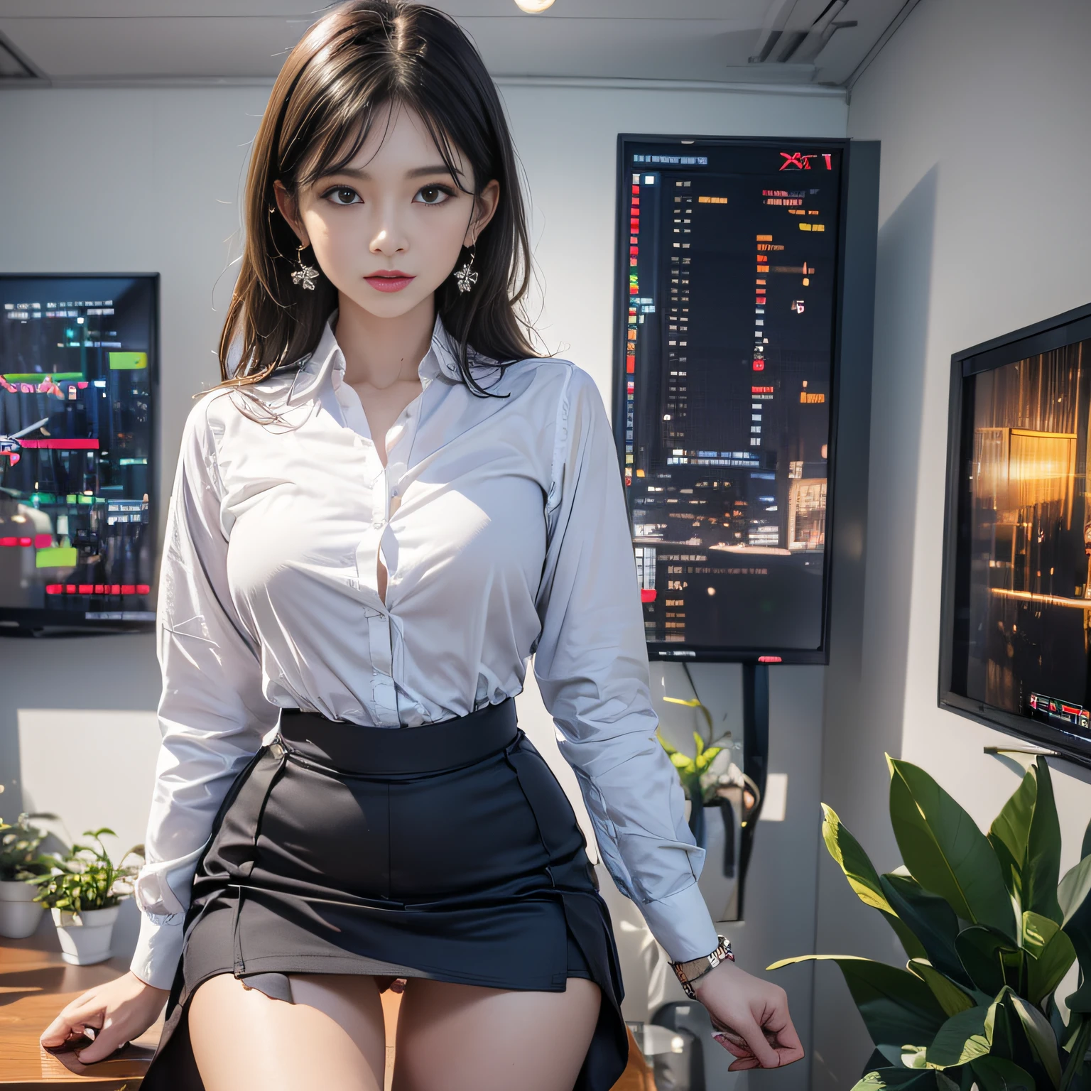 (looking away, shift off center, cinematic perspective), 1woman is standing, (((X stands for the corner edge of a big TV in this prompt))), (((place her crotch in this image at the same coordinates as X))), ((orgasm face)), ((wearing business suit)), small earrings, (underwear is visible through clothes), (orgasm face), small breast, (open her legs), tight skirt, sticks out her hip, ((plants)), in an office room,